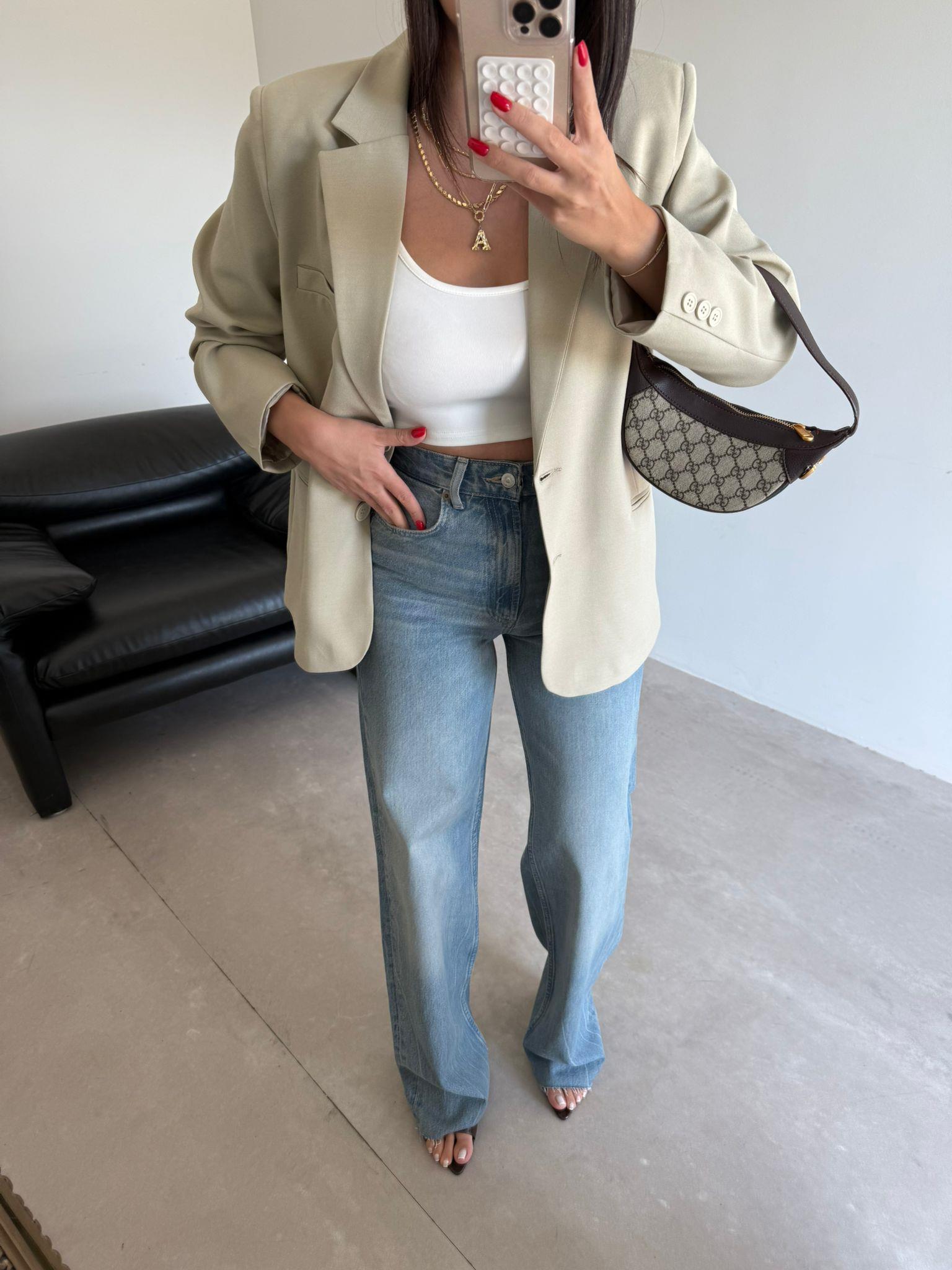 Krem Çift Düğmeli Blazer Ceket