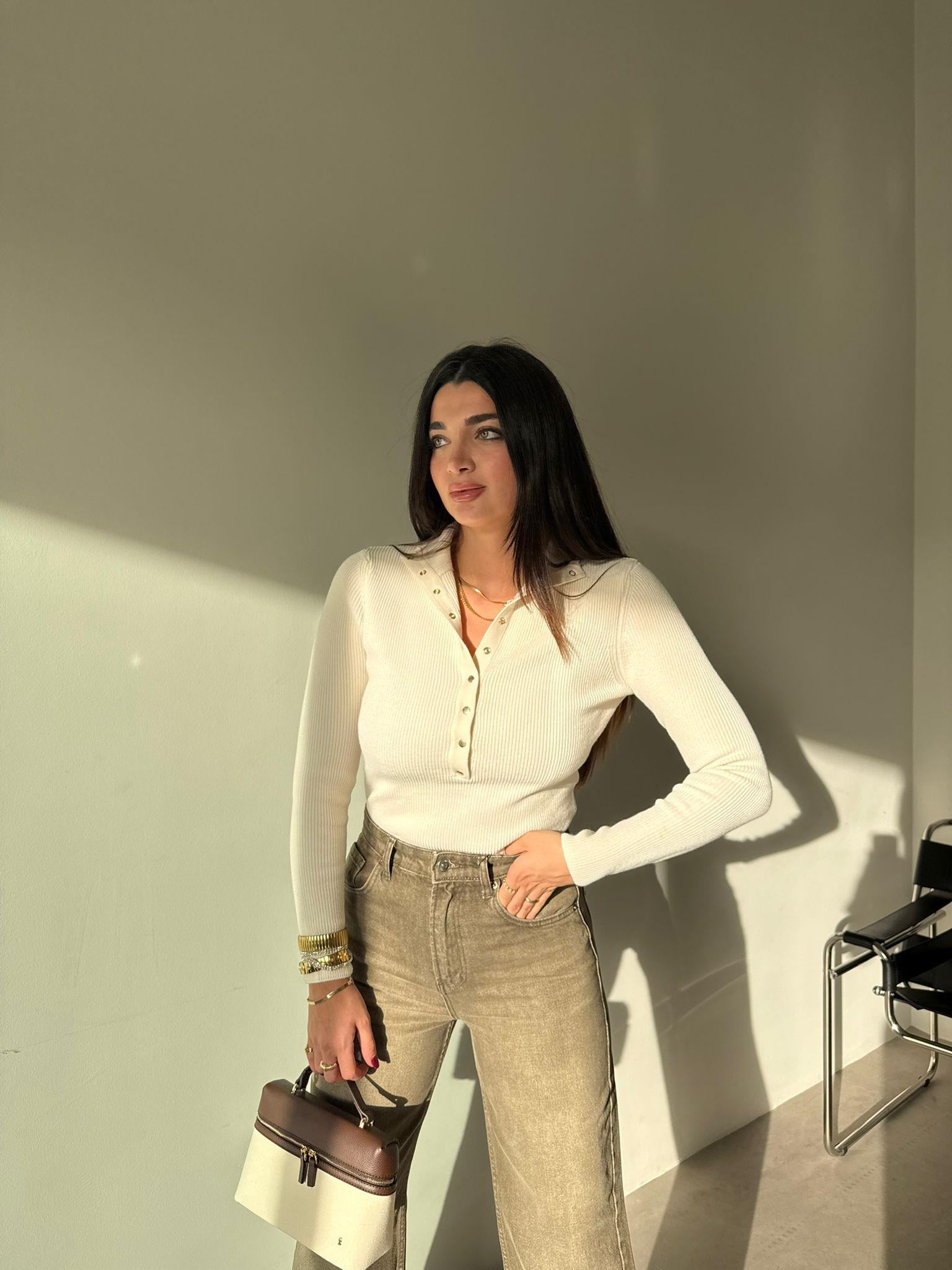 Krem Çıtçıtlı Triko Kazak
