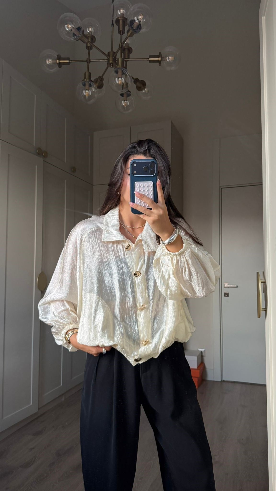 Krem Gold Düğmeli Dik Yaka Bomber Ceket