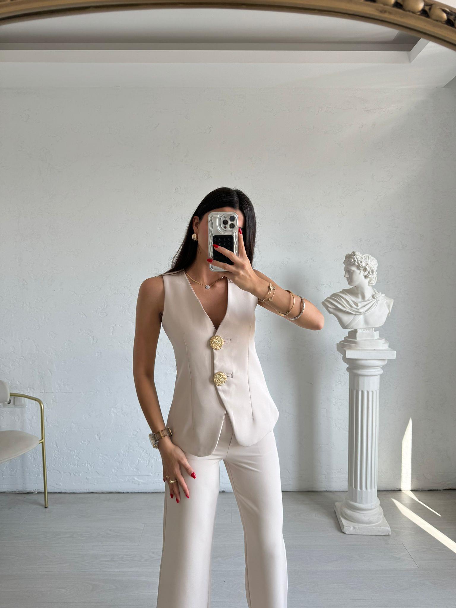 Krem Gold Düğmeli Style Takım