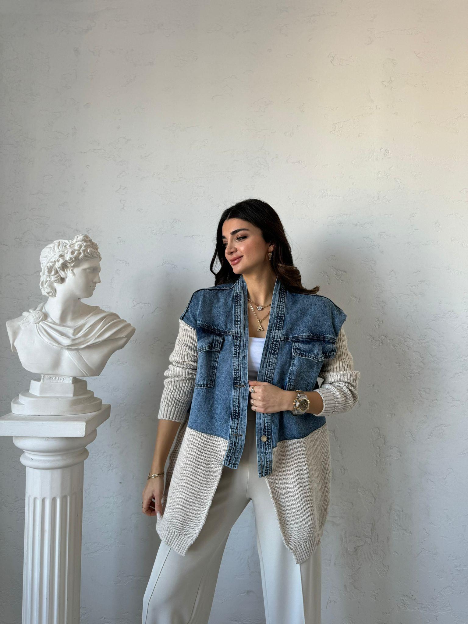 Krem Kot Detaylı Jean Hırka