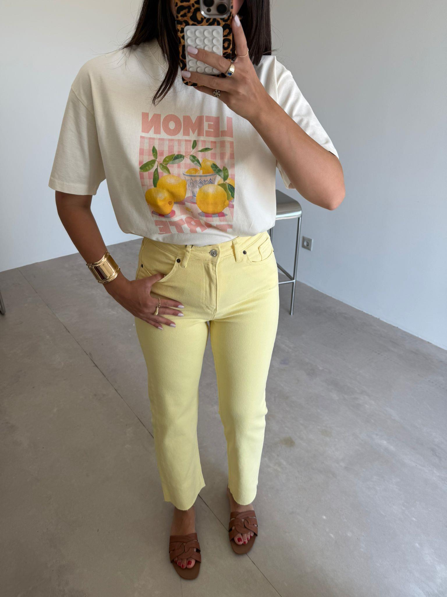 Krem Lemon Tarte Baskılı Oversize Tişört