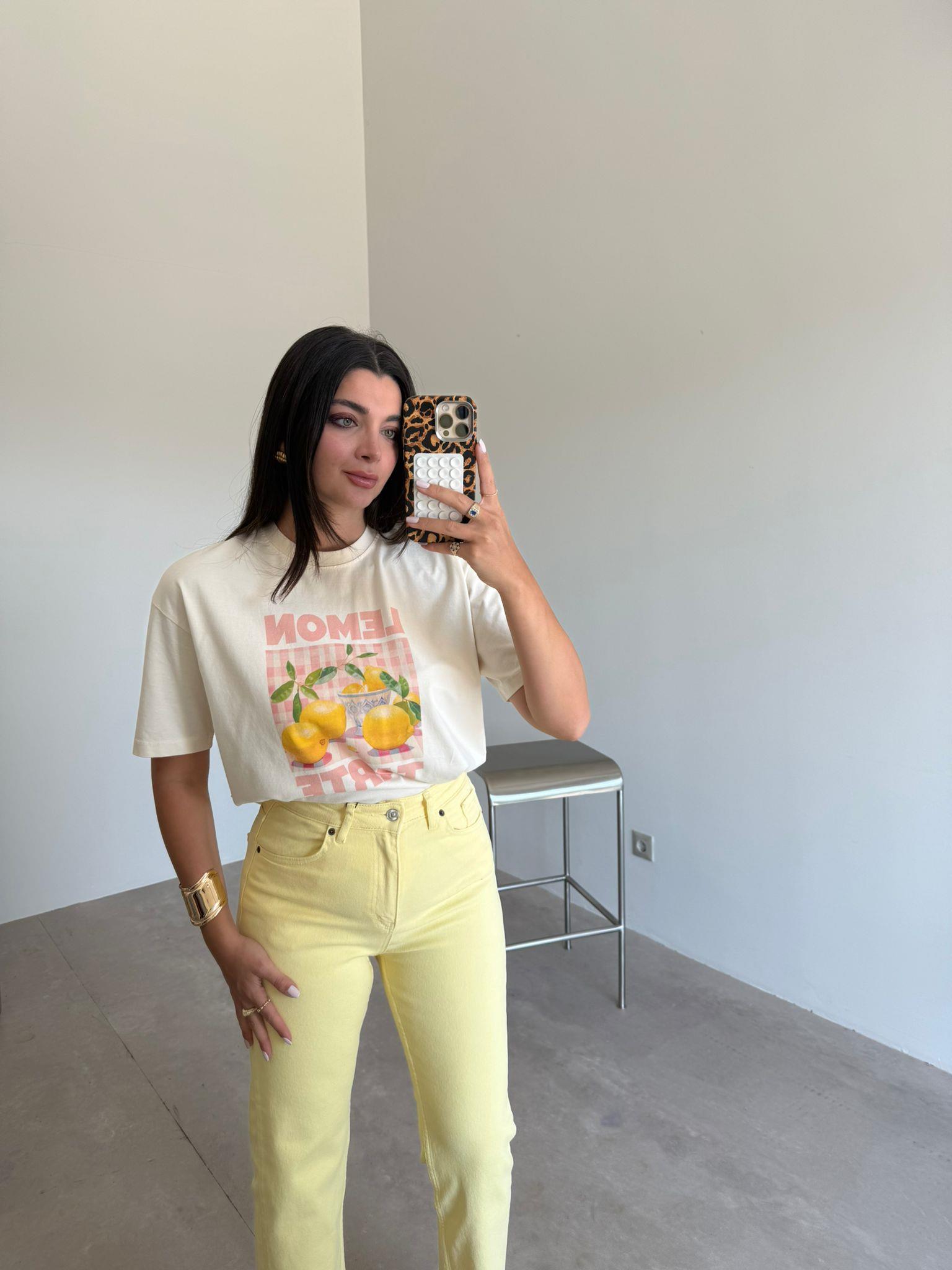 Krem Lemon Tarte Baskılı Oversize Tişört
