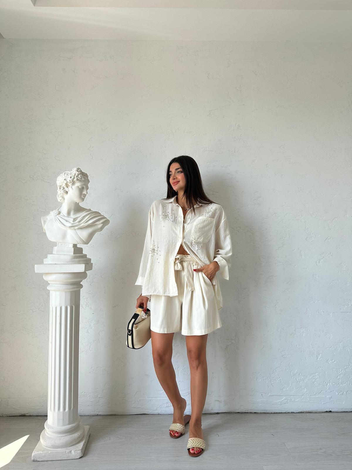 Krem Taşlı Oversize Gömlek