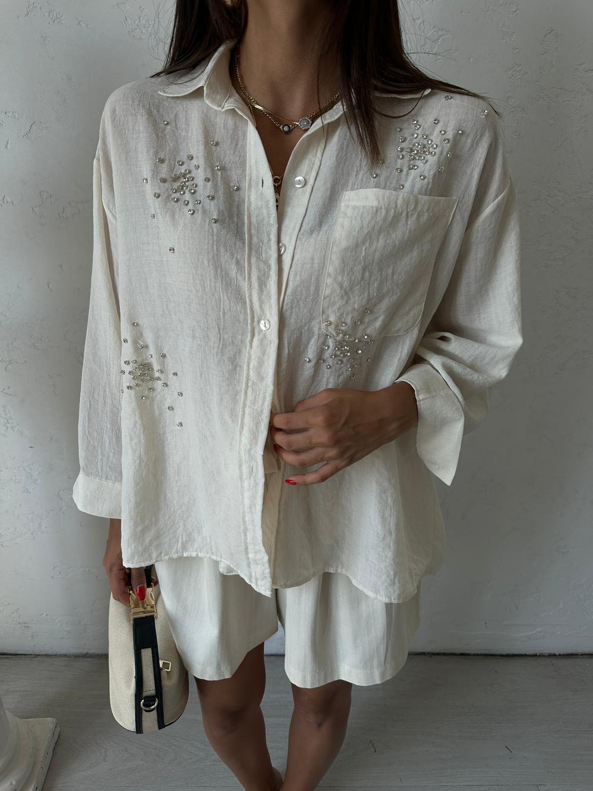 Krem Taşlı Oversize Gömlek