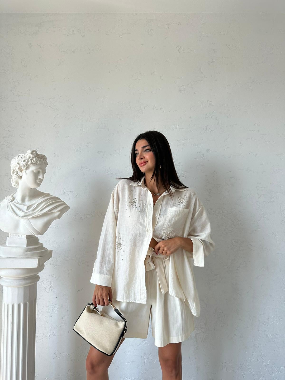 Krem Taşlı Oversize Gömlek