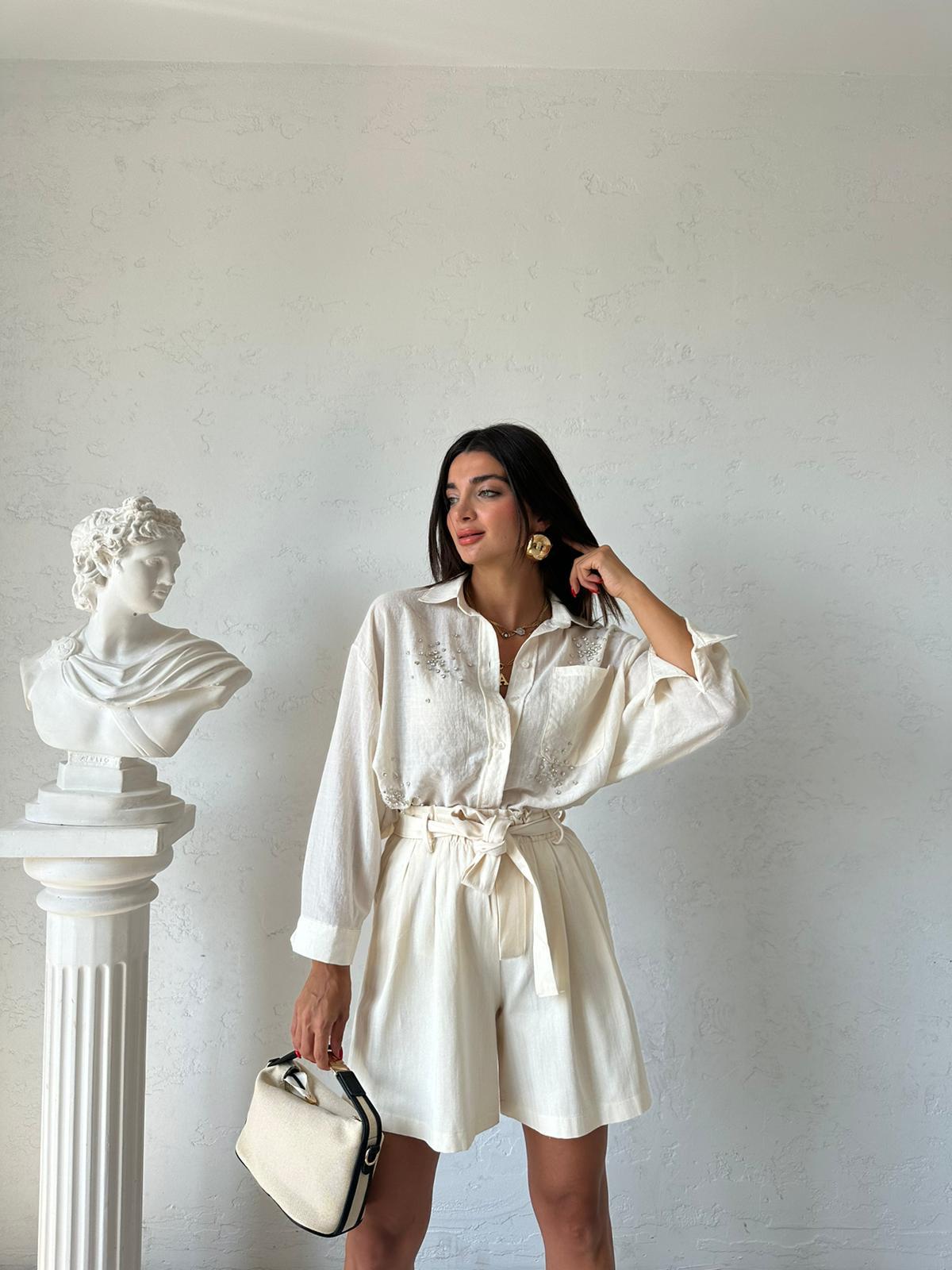 Krem Taşlı Oversize Gömlek