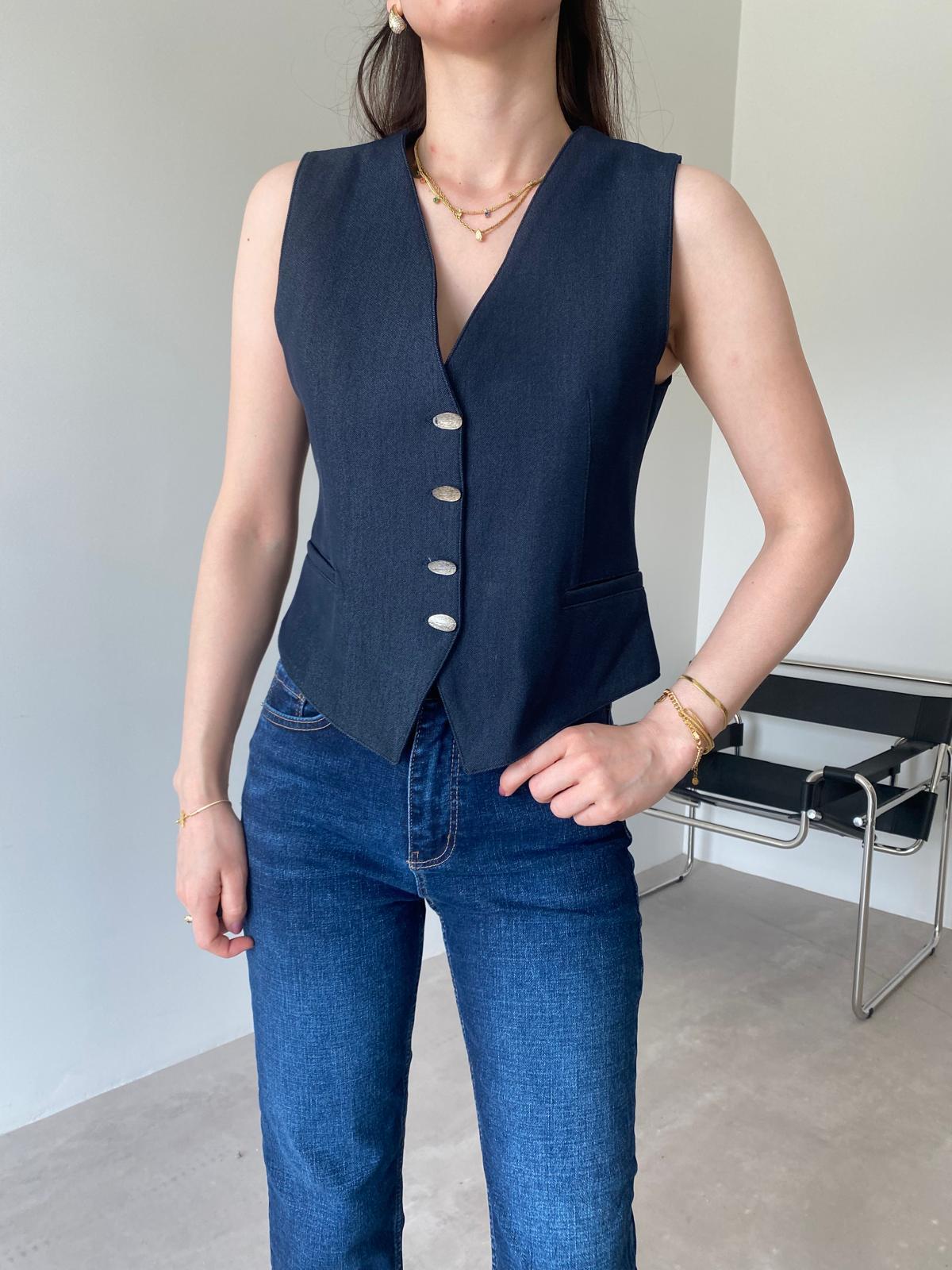 Lacivert Asimetrik Düğmeli Denim Yelek