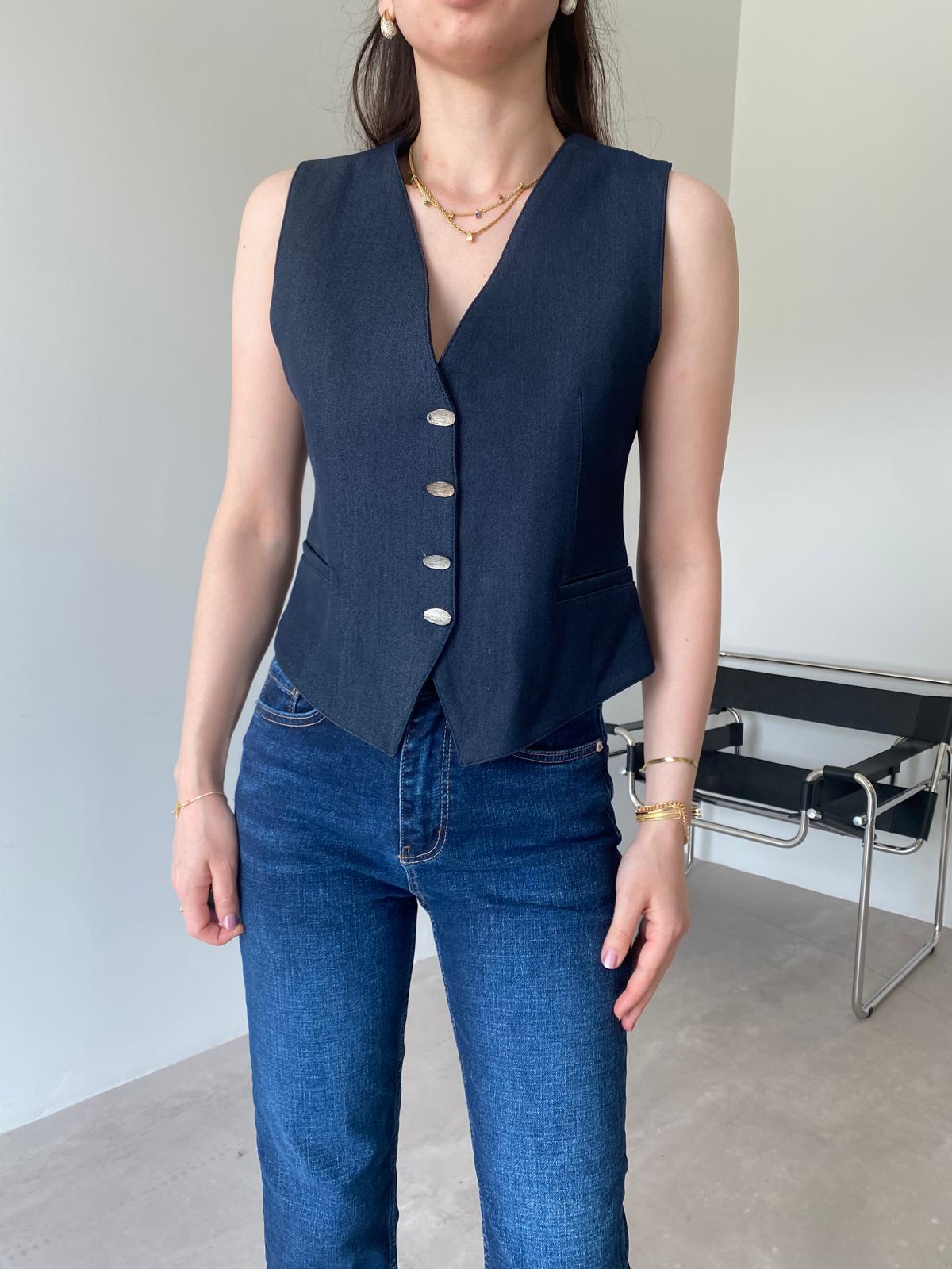 Lacivert Asimetrik Düğmeli Denim Yelek