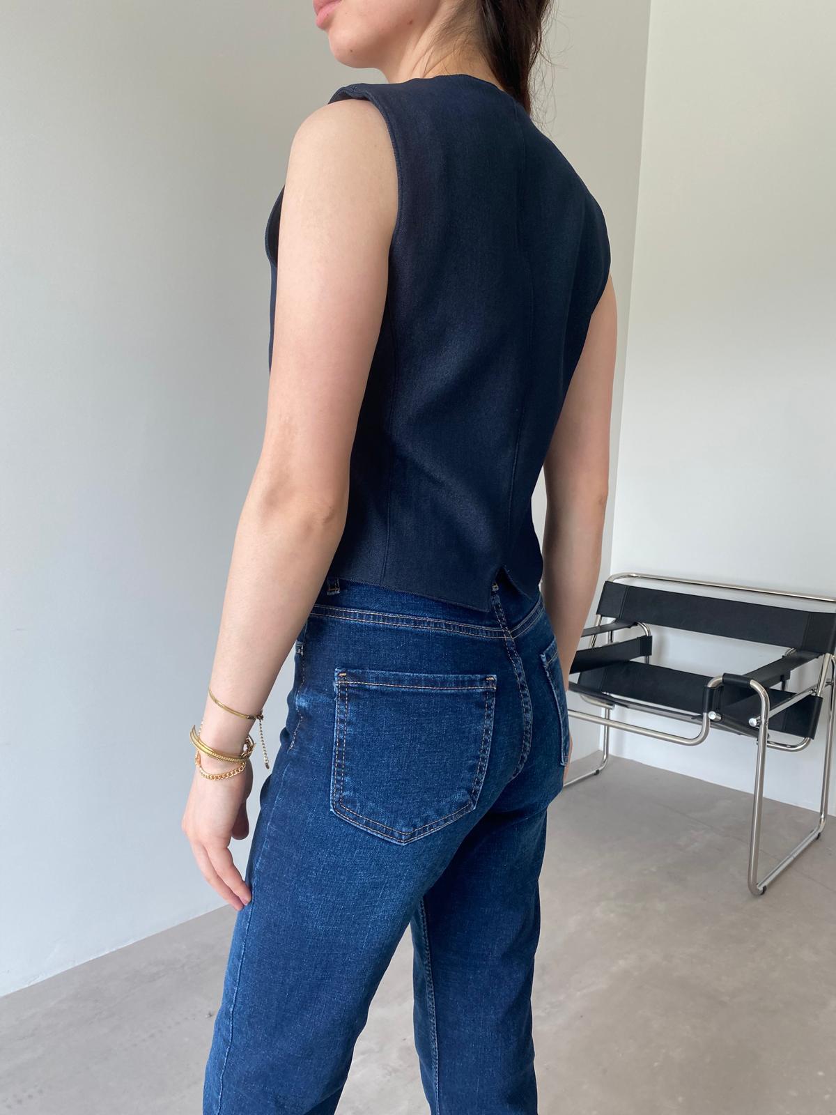 Lacivert Asimetrik Düğmeli Denim Yelek