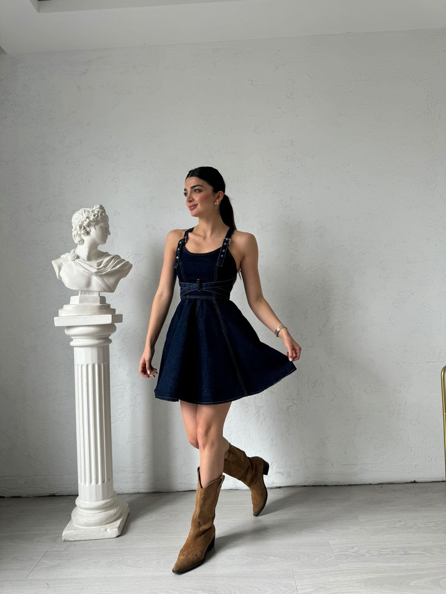 Lacivert Askılı Mini Denim Elbise