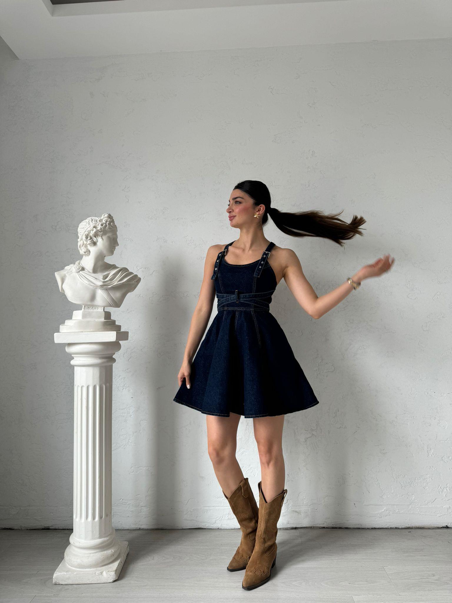 Lacivert Askılı Mini Denim Elbise