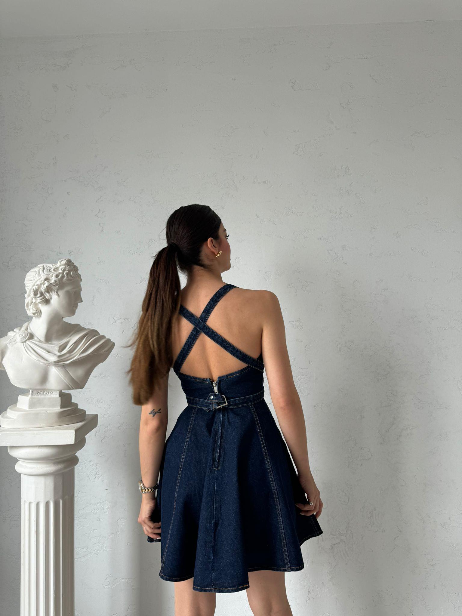 Lacivert Askılı Mini Denim Elbise
