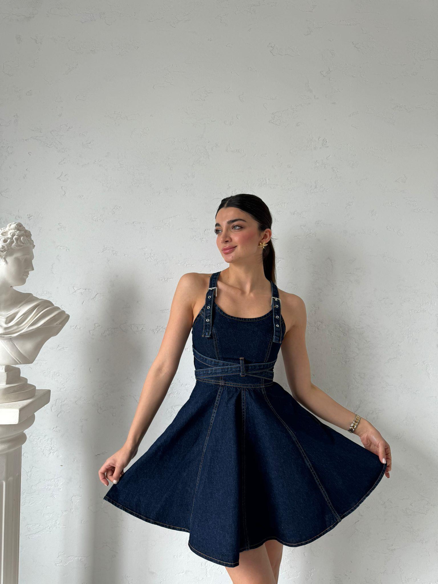 Lacivert Askılı Mini Denim Elbise
