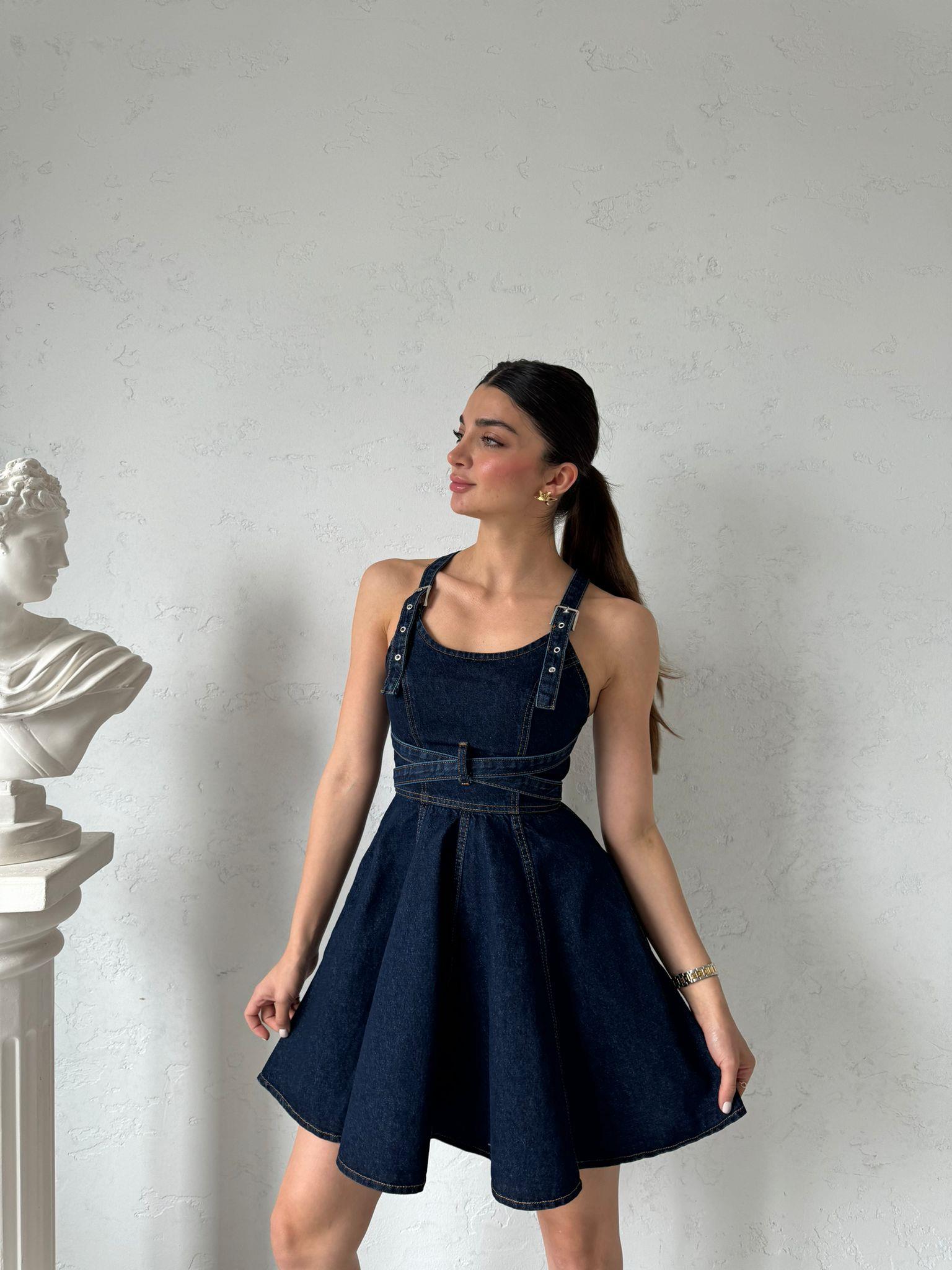 Lacivert Askılı Mini Denim Elbise