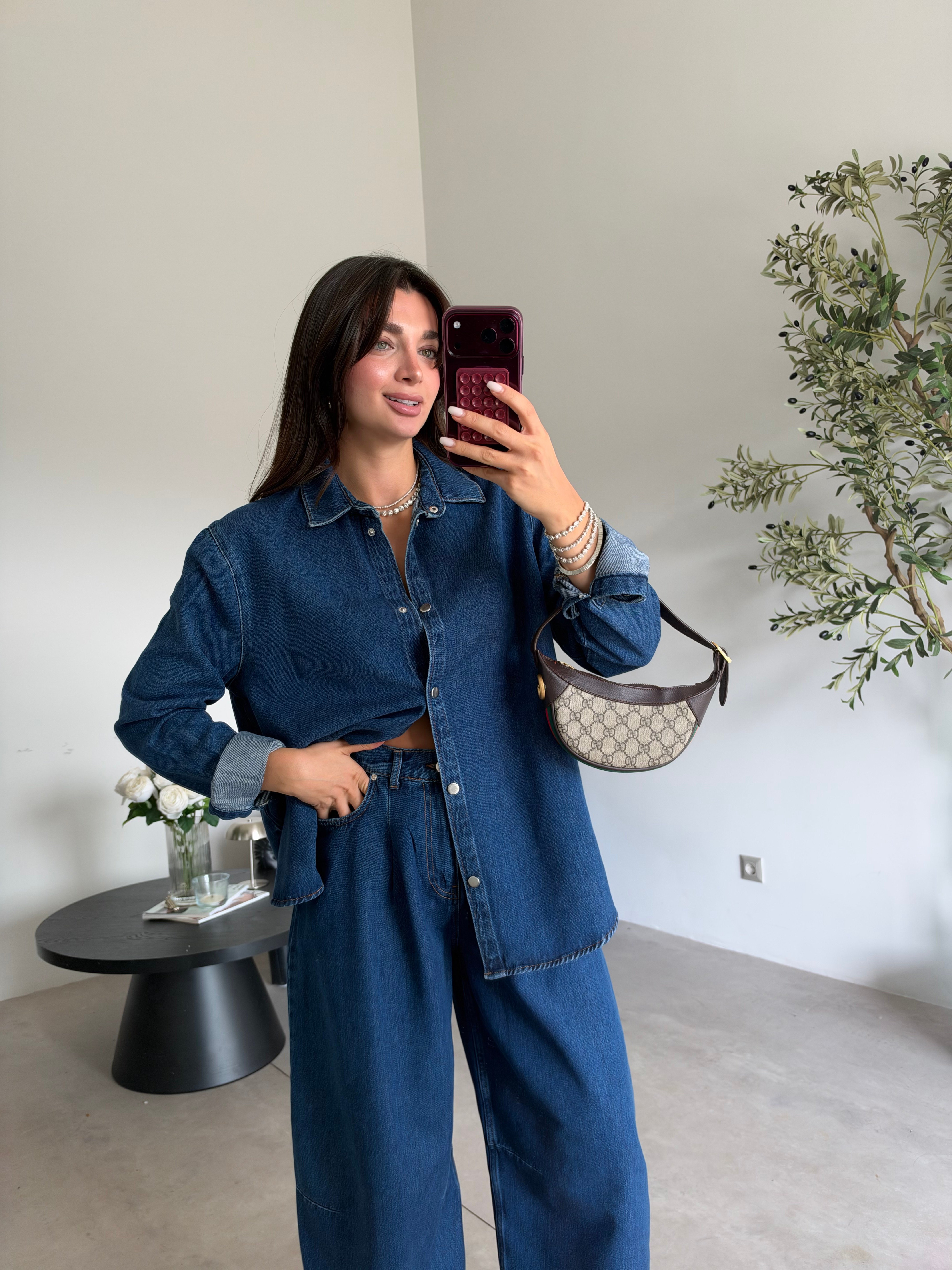 Lacivert Balon Jean Gömlek Denim Takım