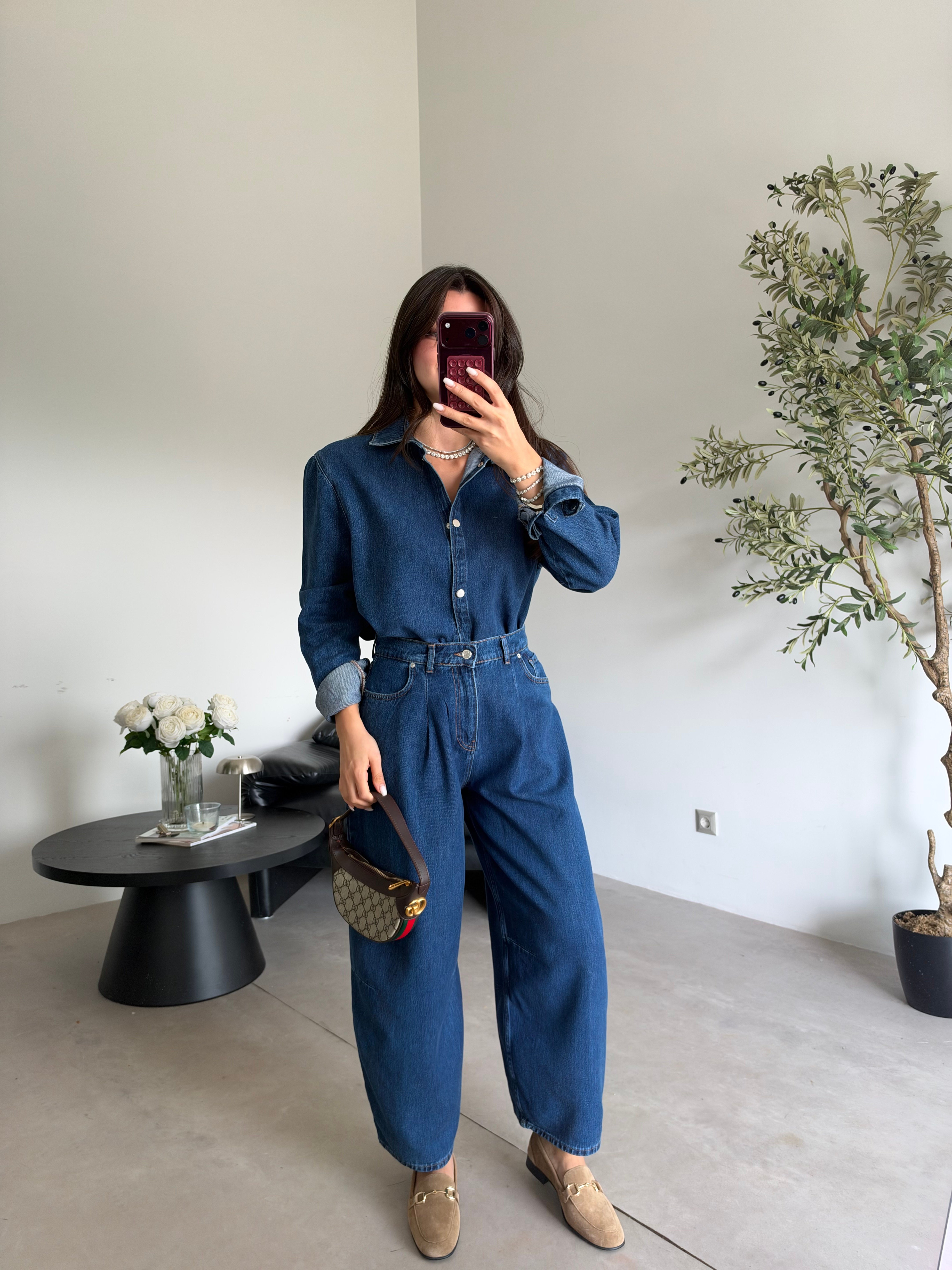 Lacivert Balon Jean Gömlek Denim Takım