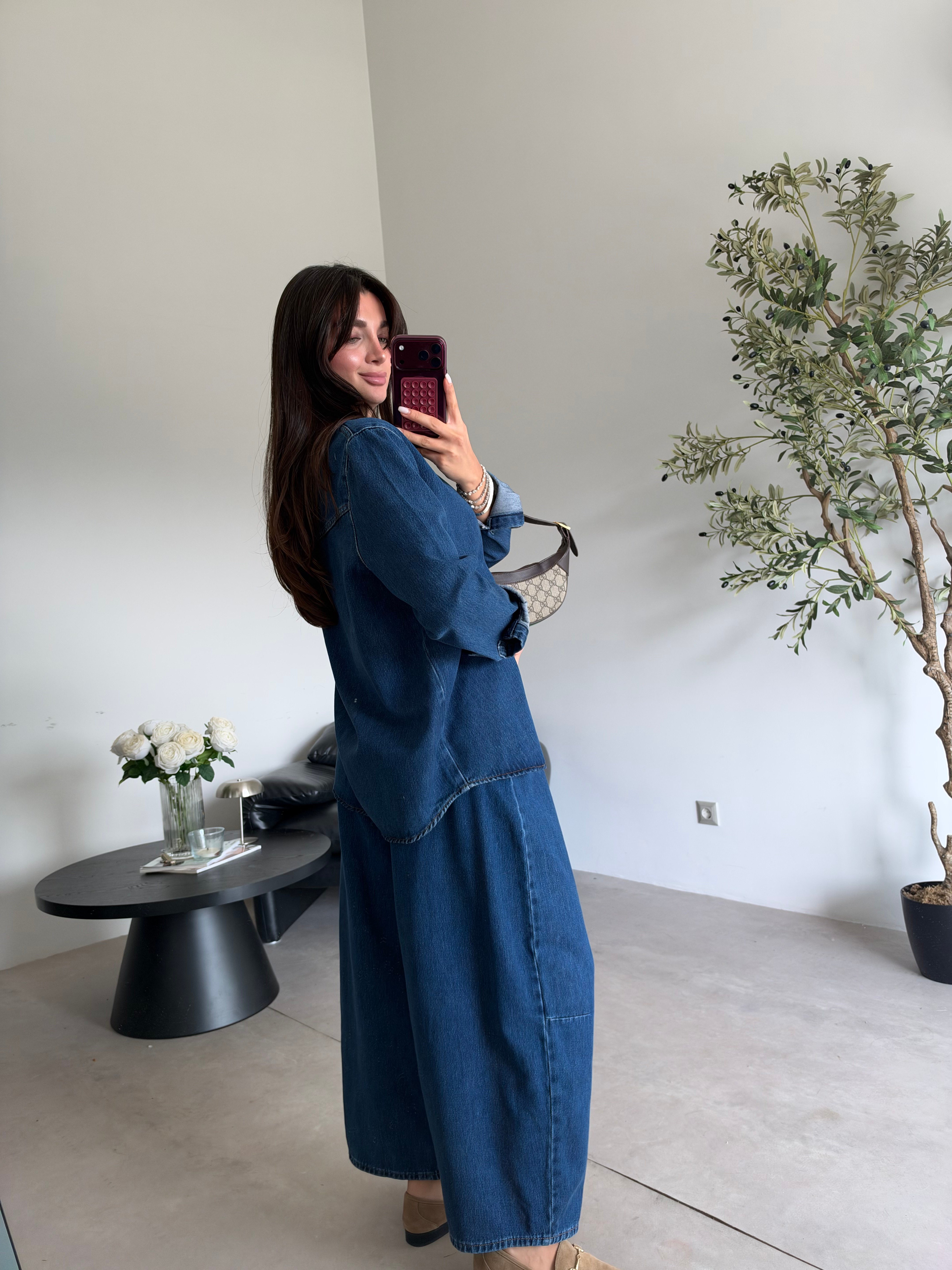 Lacivert Balon Jean Gömlek Denim Takım