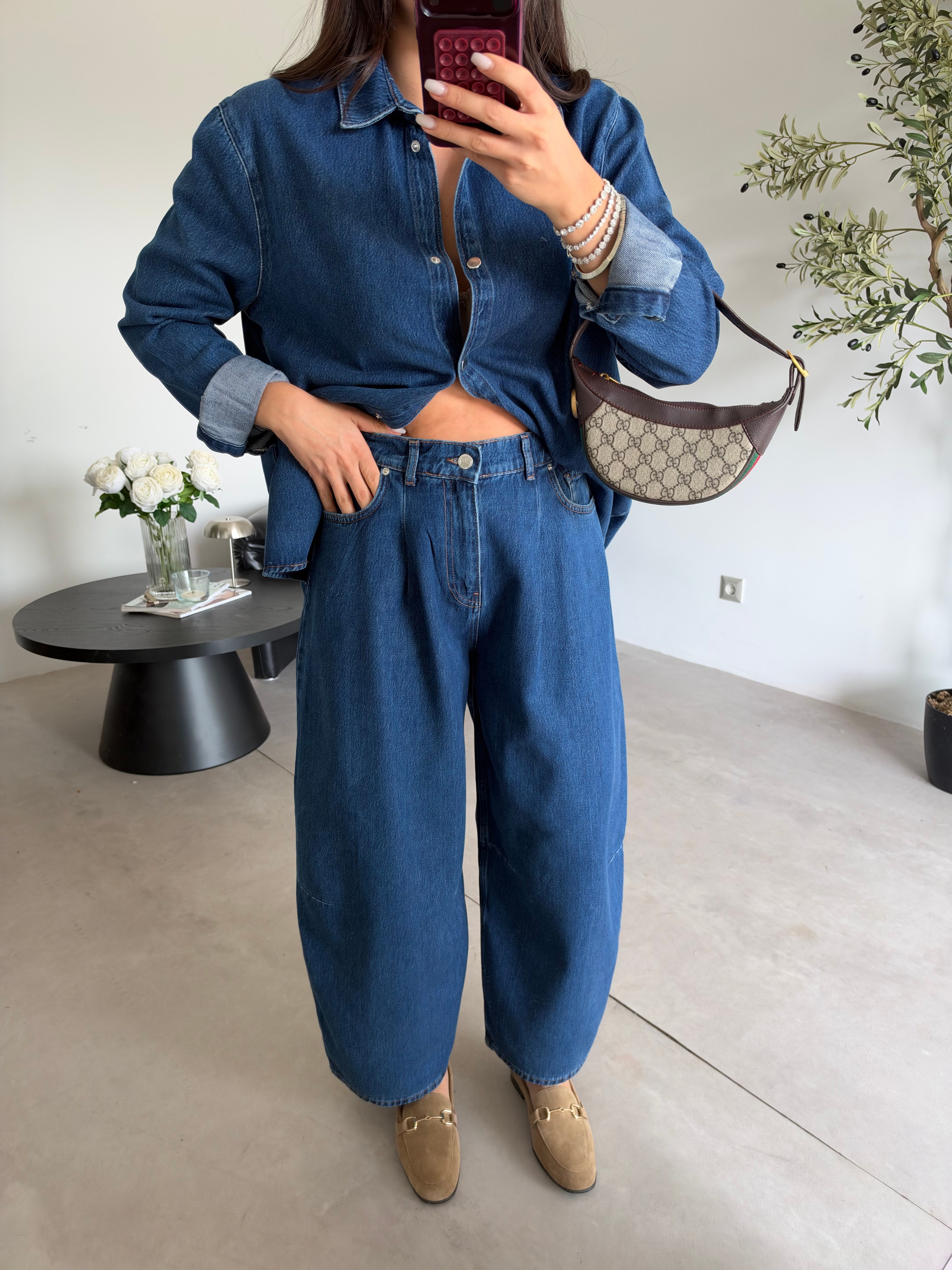 Lacivert Balon Jean Gömlek Denim Takım