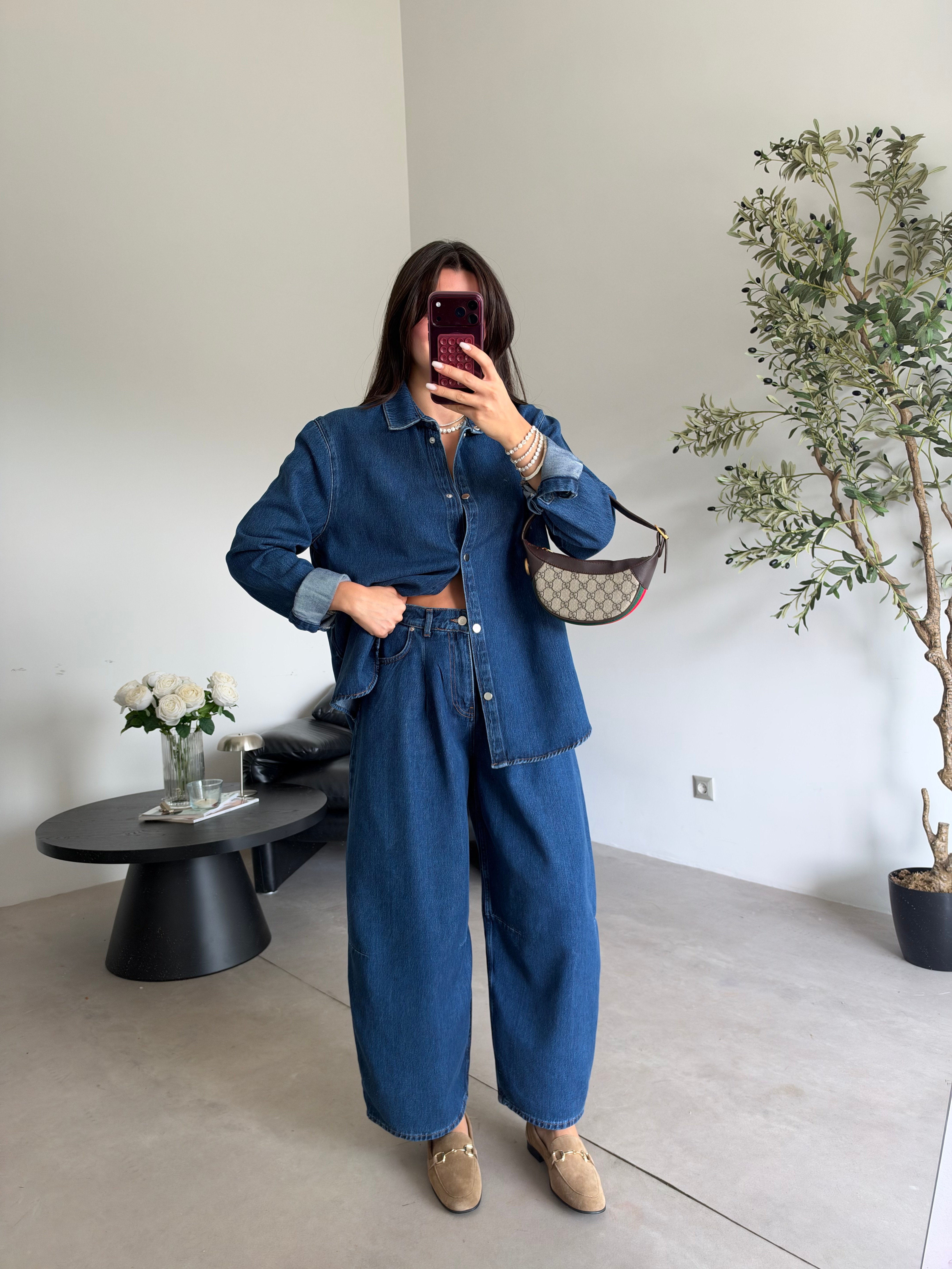 Lacivert Balon Jean Gömlek Denim Takım