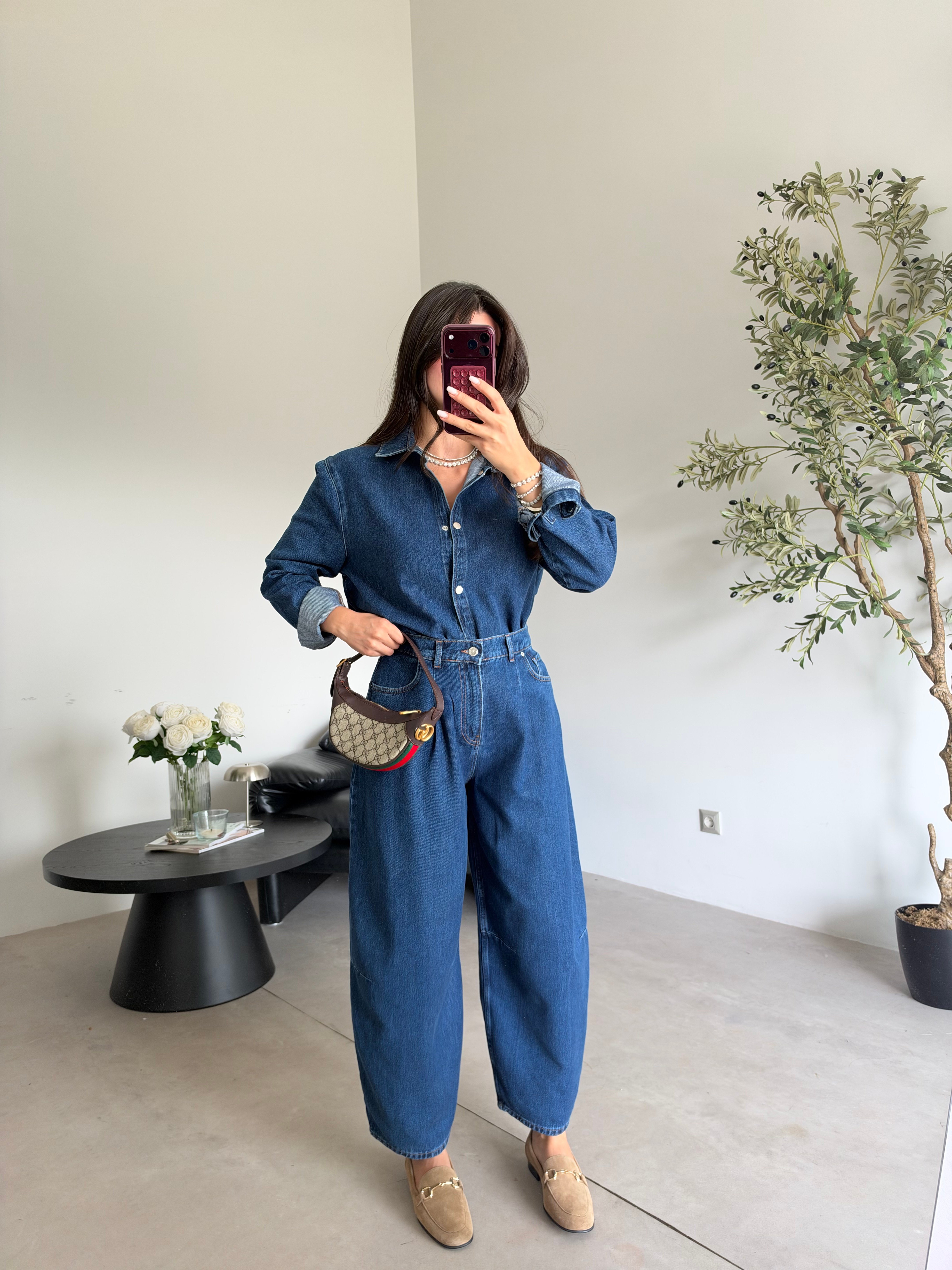 Lacivert Balon Jean Gömlek Denim Takım