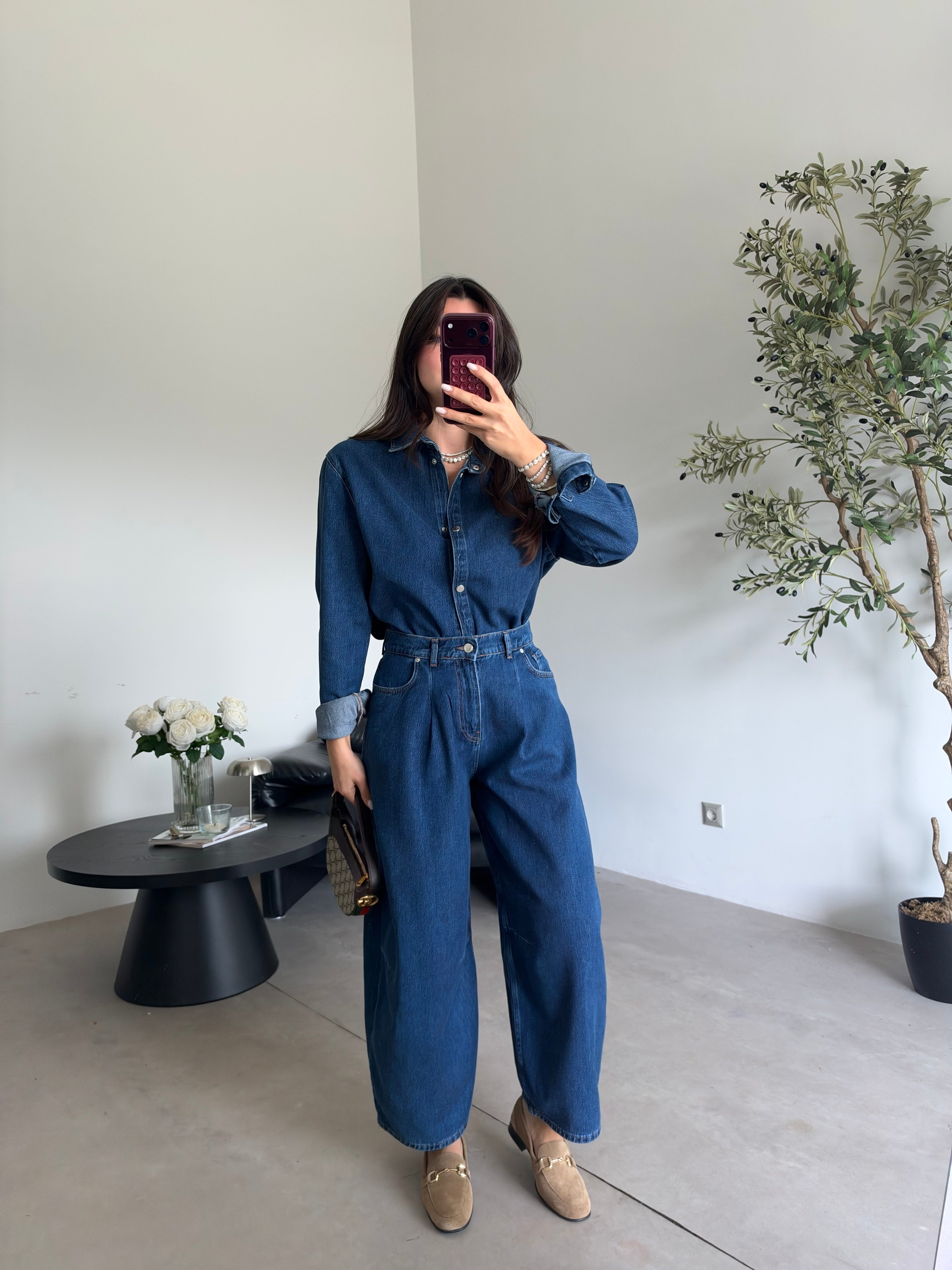 Lacivert Balon Jean Gömlek Denim Takım
