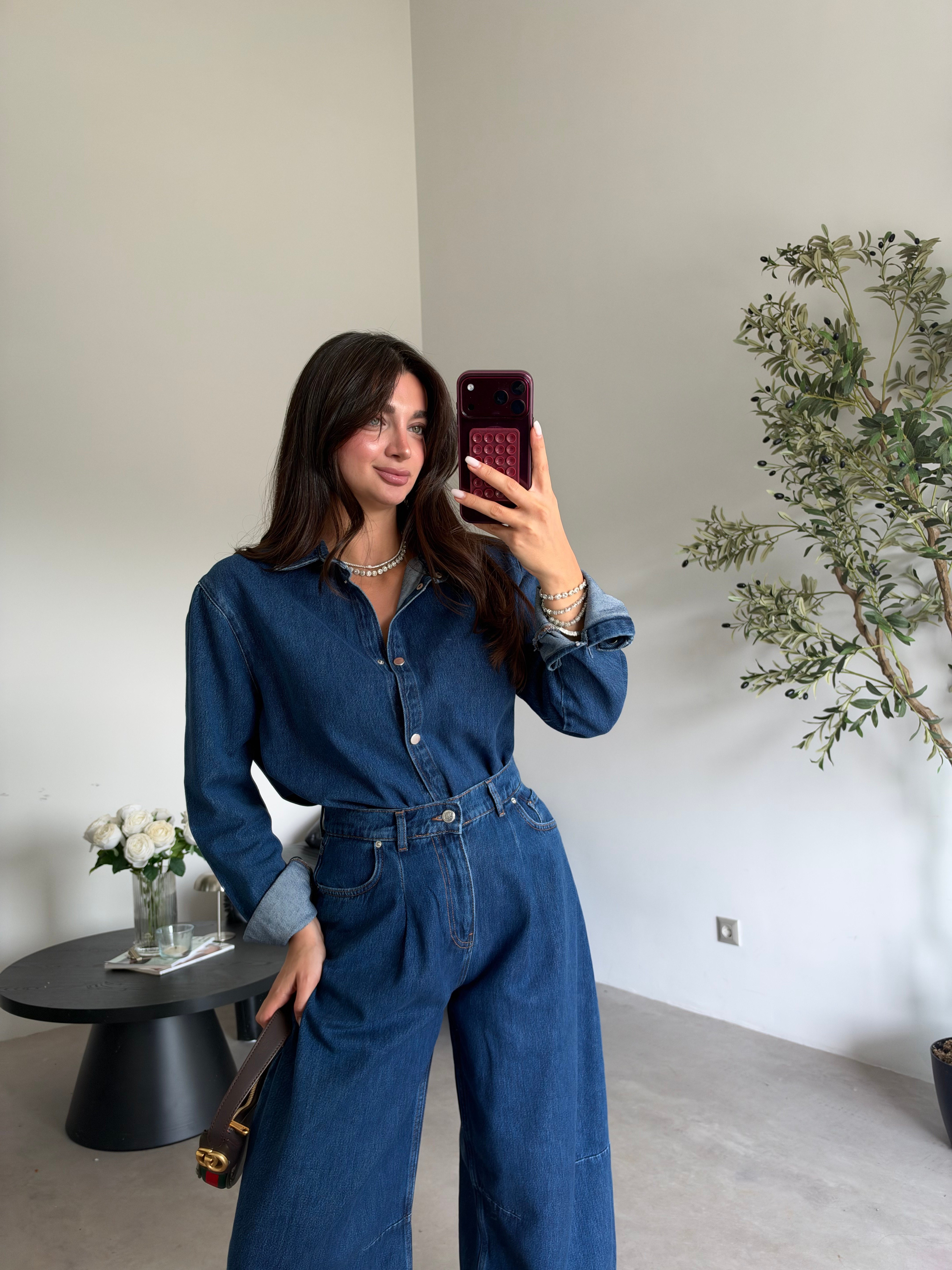 Lacivert Balon Jean Gömlek Denim Takım