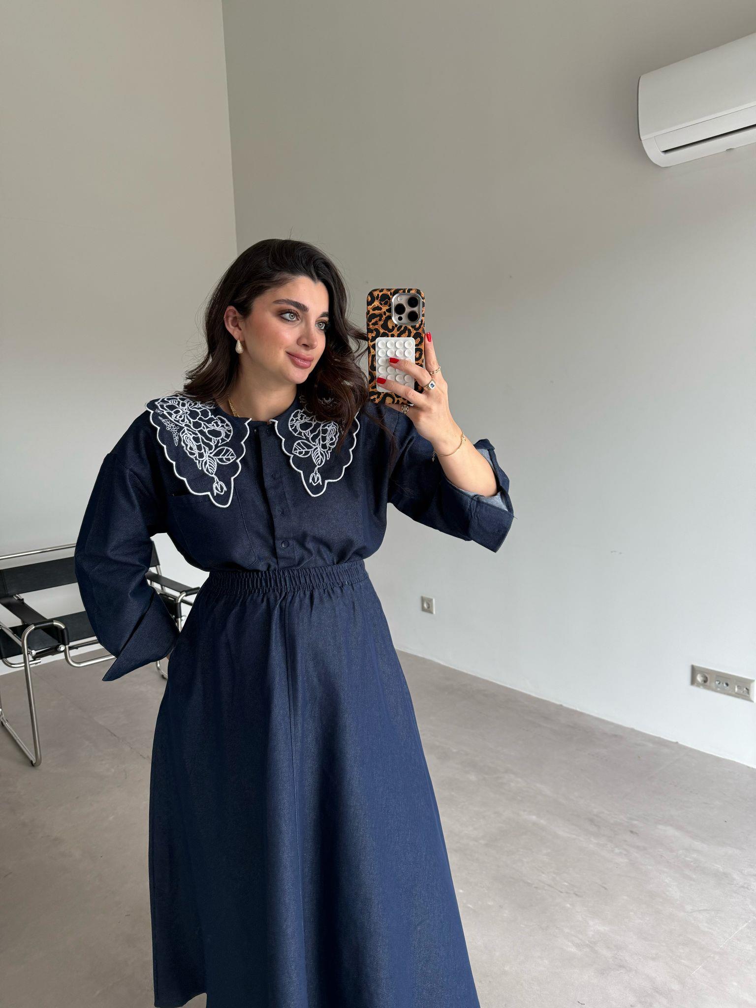 Lacivert Bebe Yaka Nakışlı Denim Gömlek