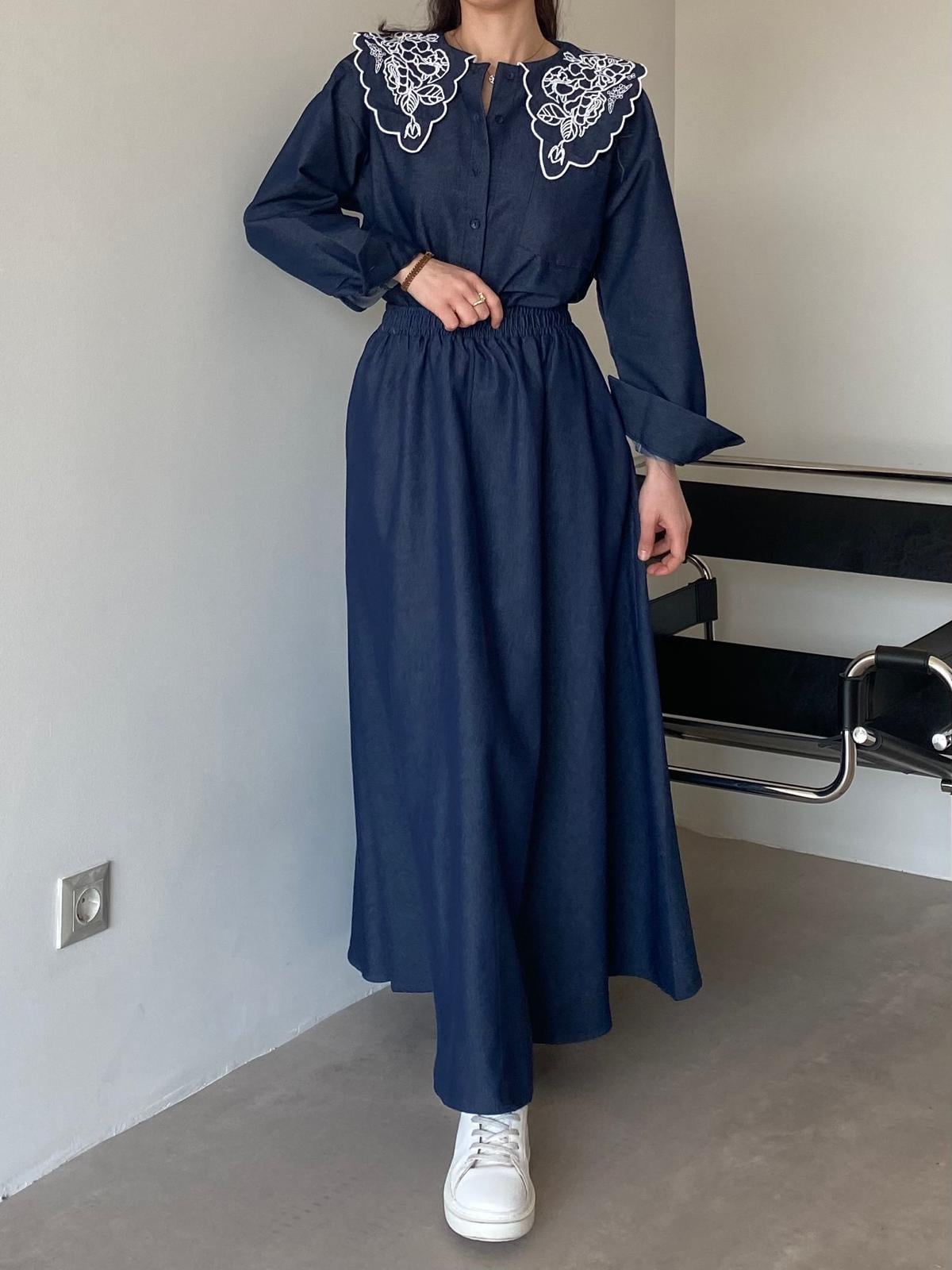 Lacivert Bebe Yaka Nakışlı Denim Gömlek