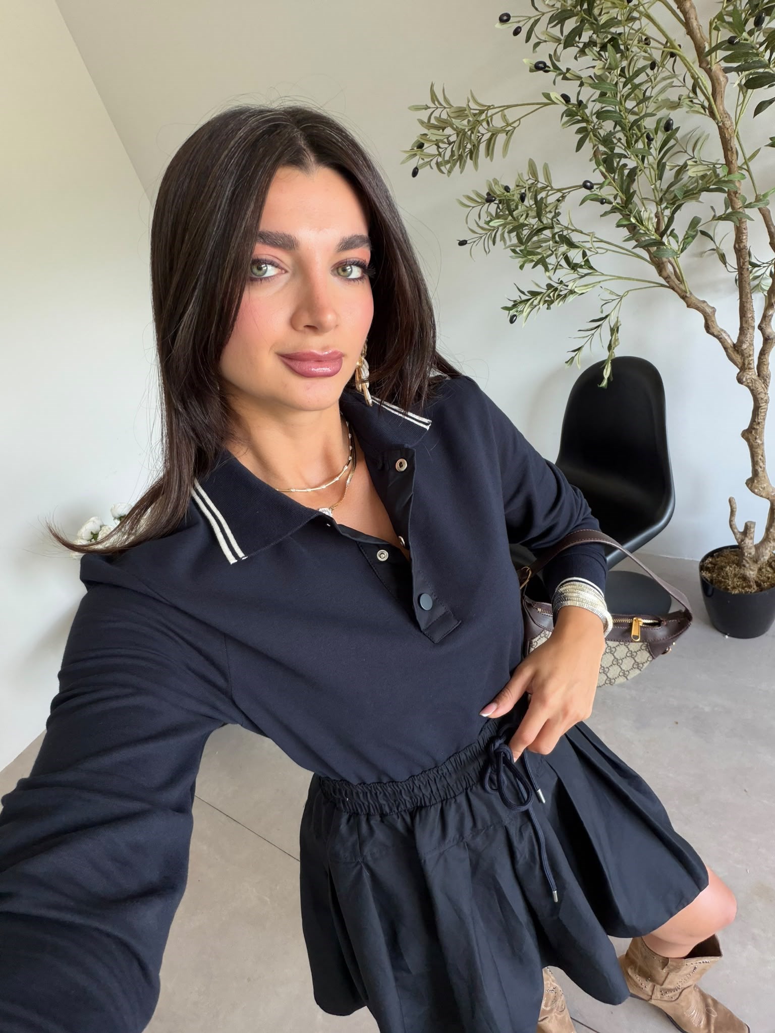 Lacivert Beli Büzgülü Polo Yaka Elbise