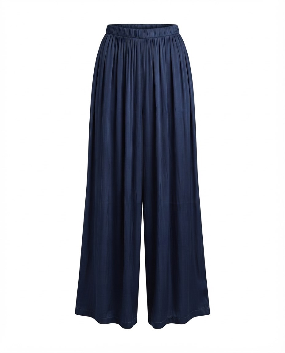 Lacivert Beli Lastikli Bol Paça Pantolon