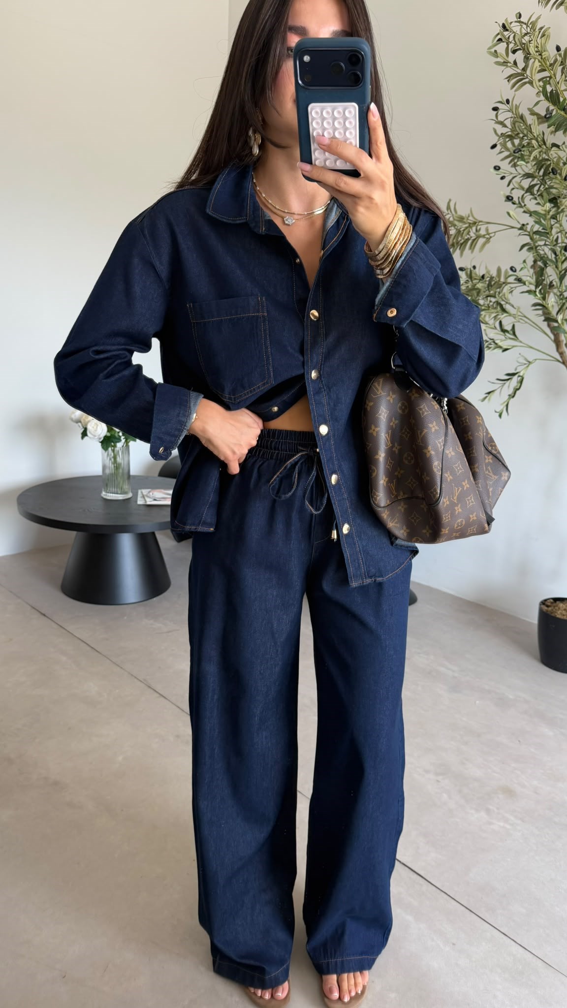Lacivert  Beli Lastikli Denim Takım