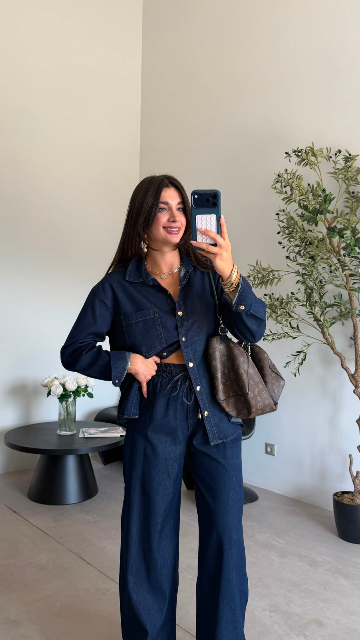 Lacivert  Beli Lastikli Denim Takım