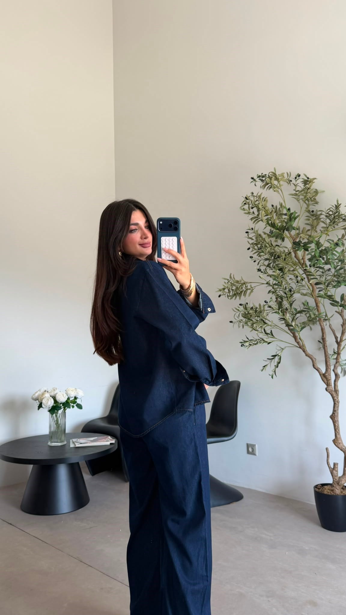 Lacivert  Beli Lastikli Denim Takım