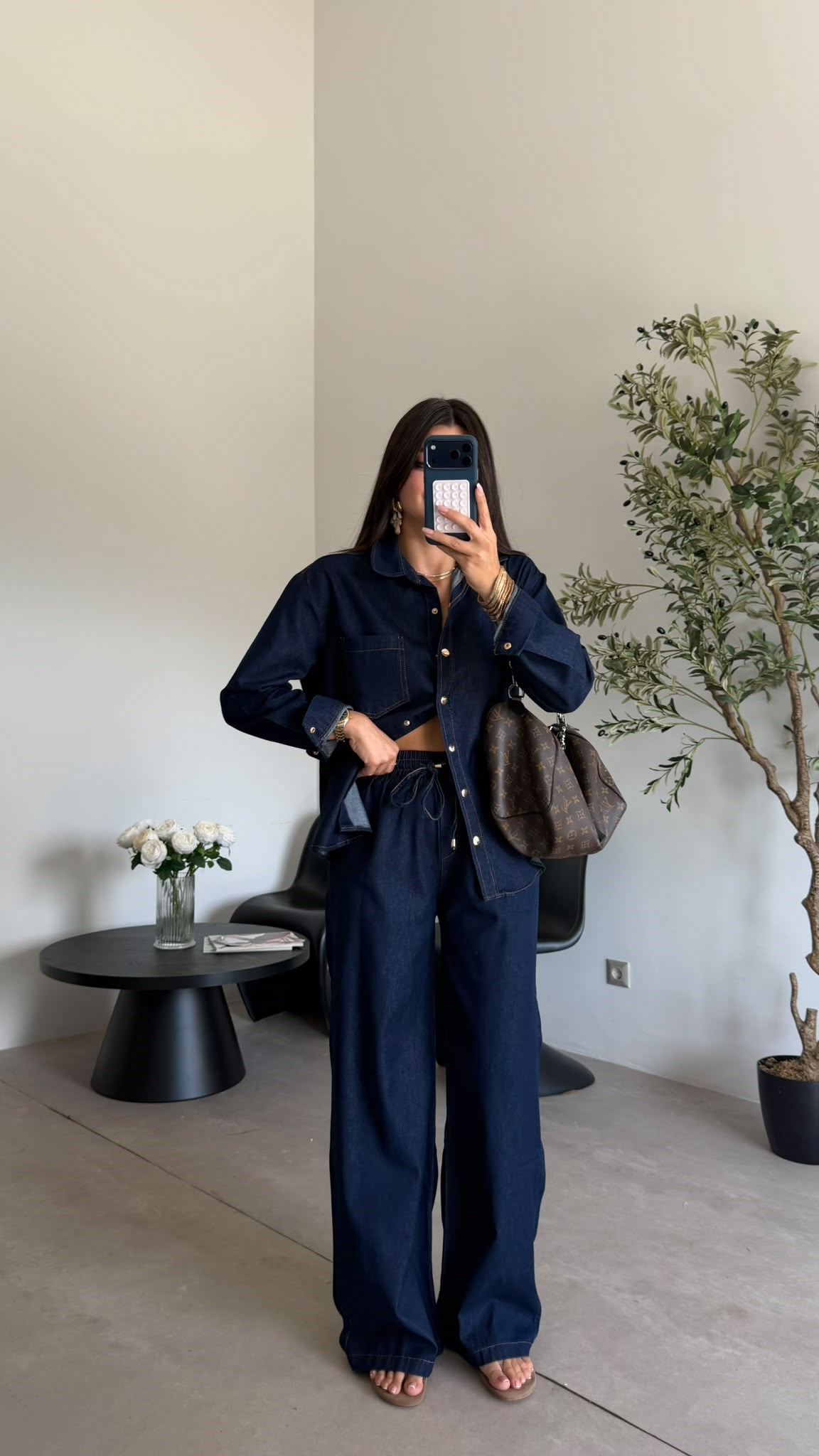 Lacivert  Beli Lastikli Denim Takım