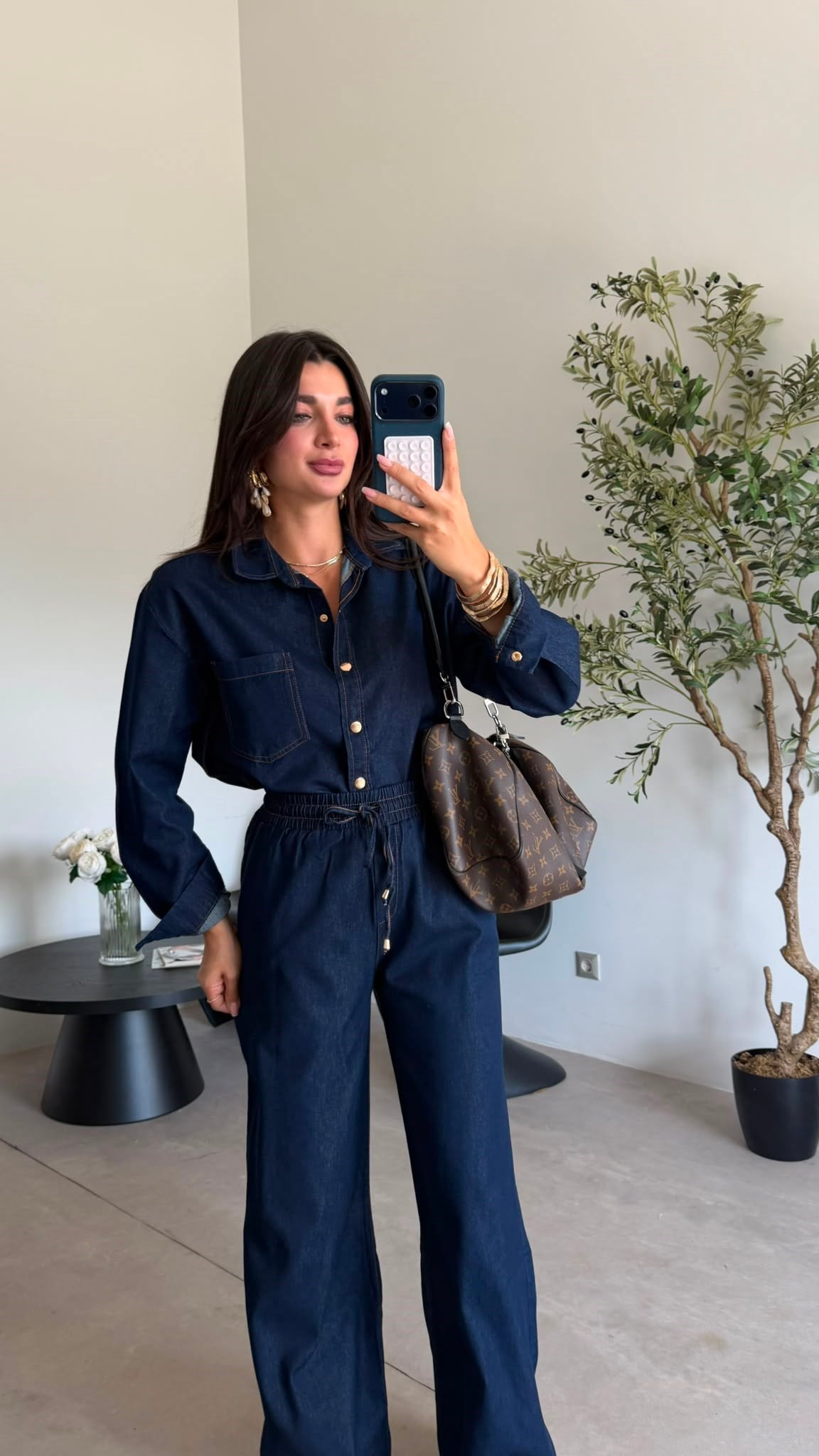 Lacivert  Beli Lastikli Denim Takım