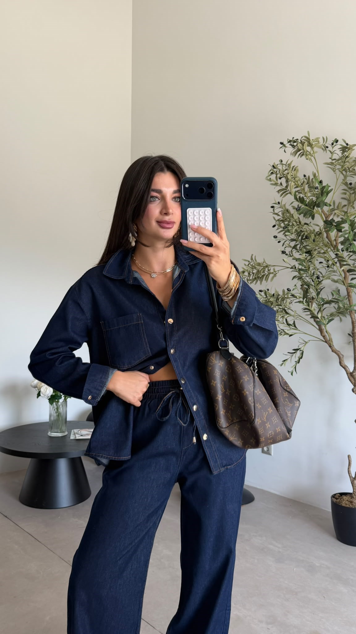 Lacivert  Beli Lastikli Denim Takım