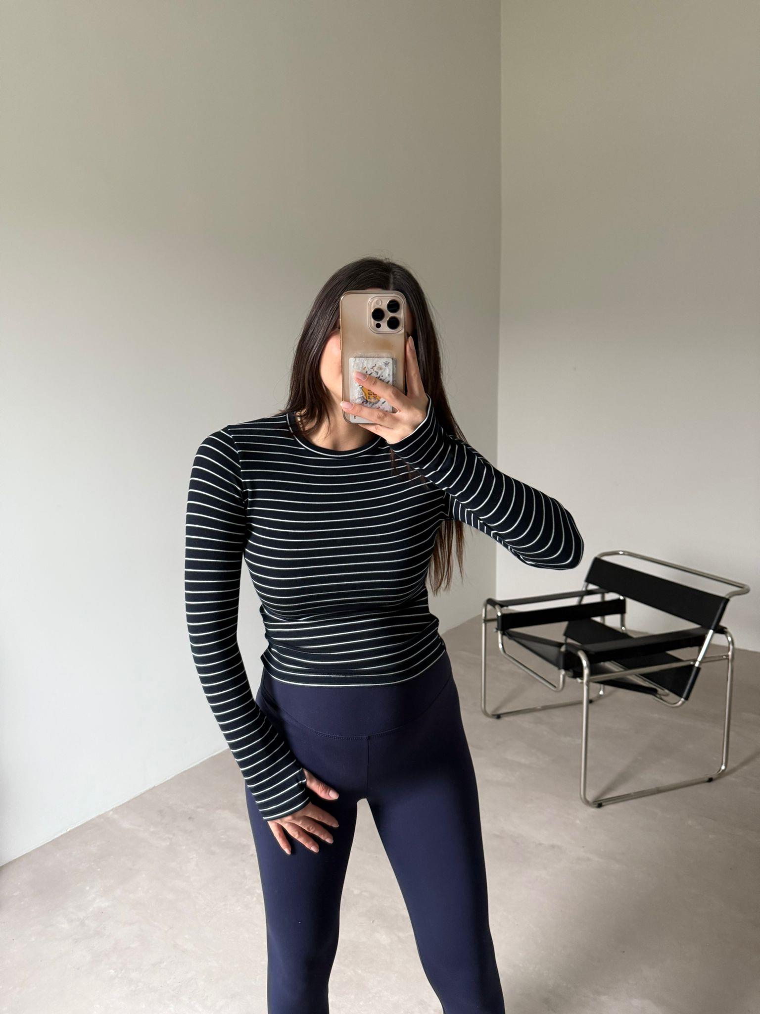 Lacivert Beyaz Çizgili Basic Aura Bluz