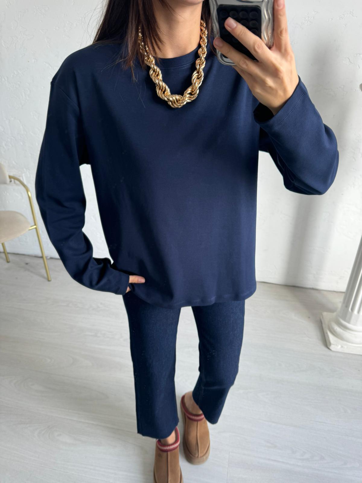 Lacivert Bisiklet Yaka Uzun Kol Basic Bluz