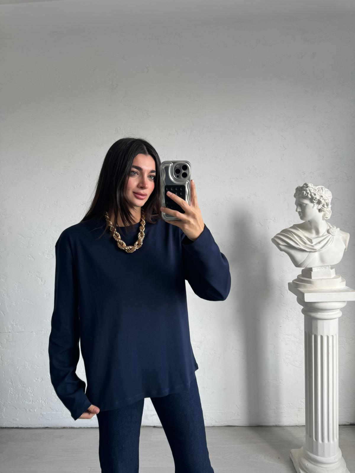 Lacivert Bisiklet Yaka Uzun Kol Basic Bluz