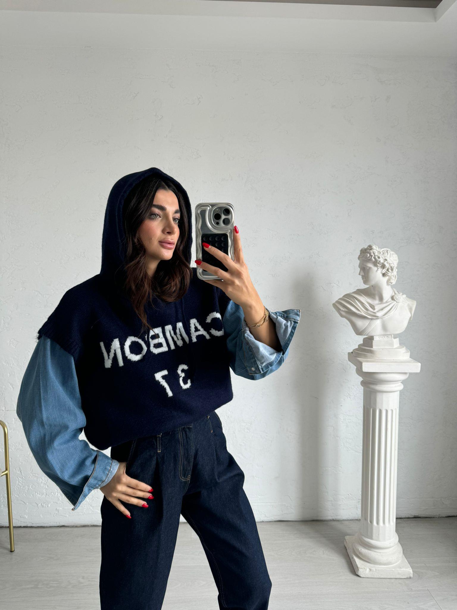 Lacivert Cambon Baskılı Kapüşonlu Sweat