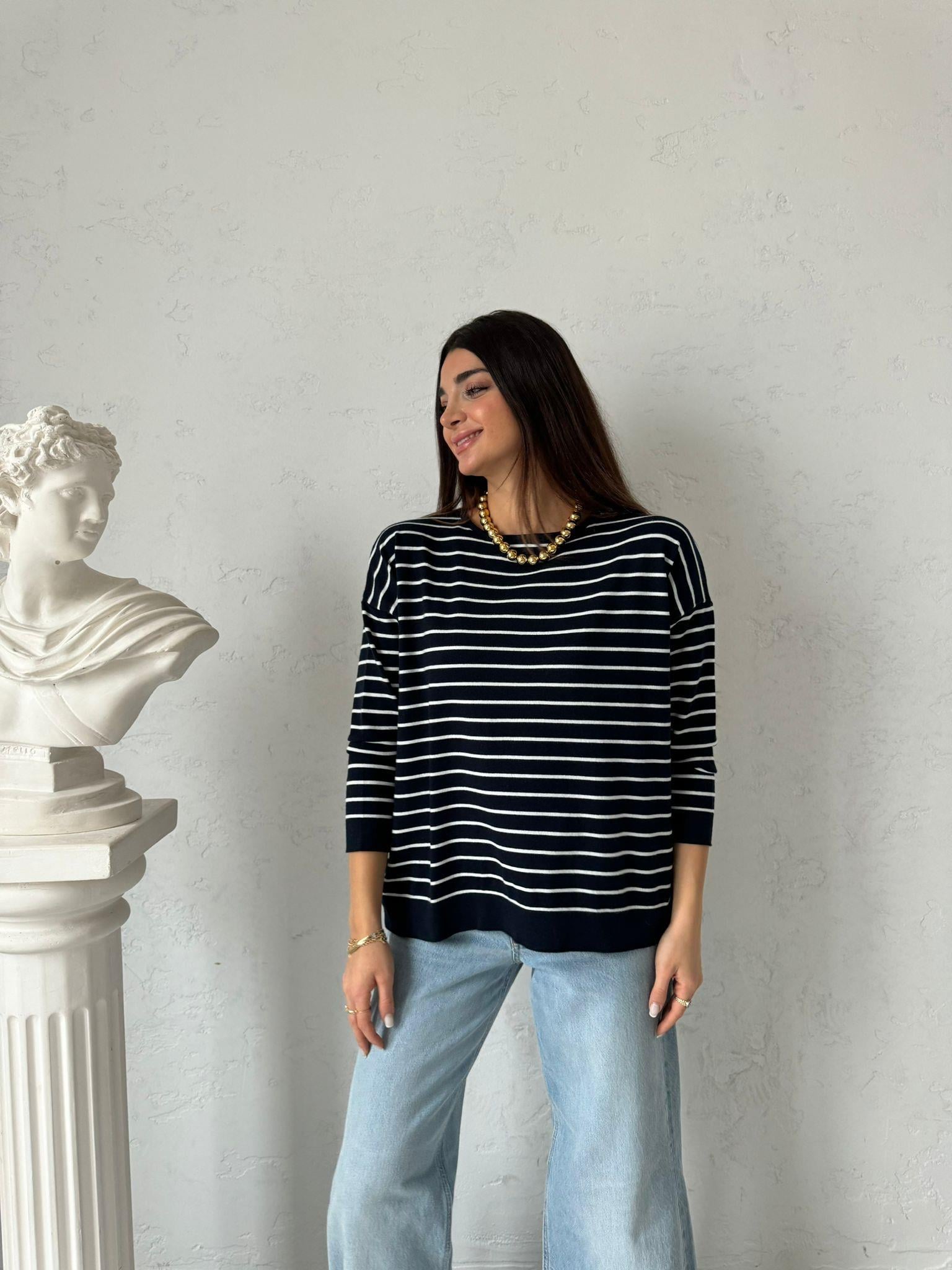 Lacivert Çizgili Oversize Bluz