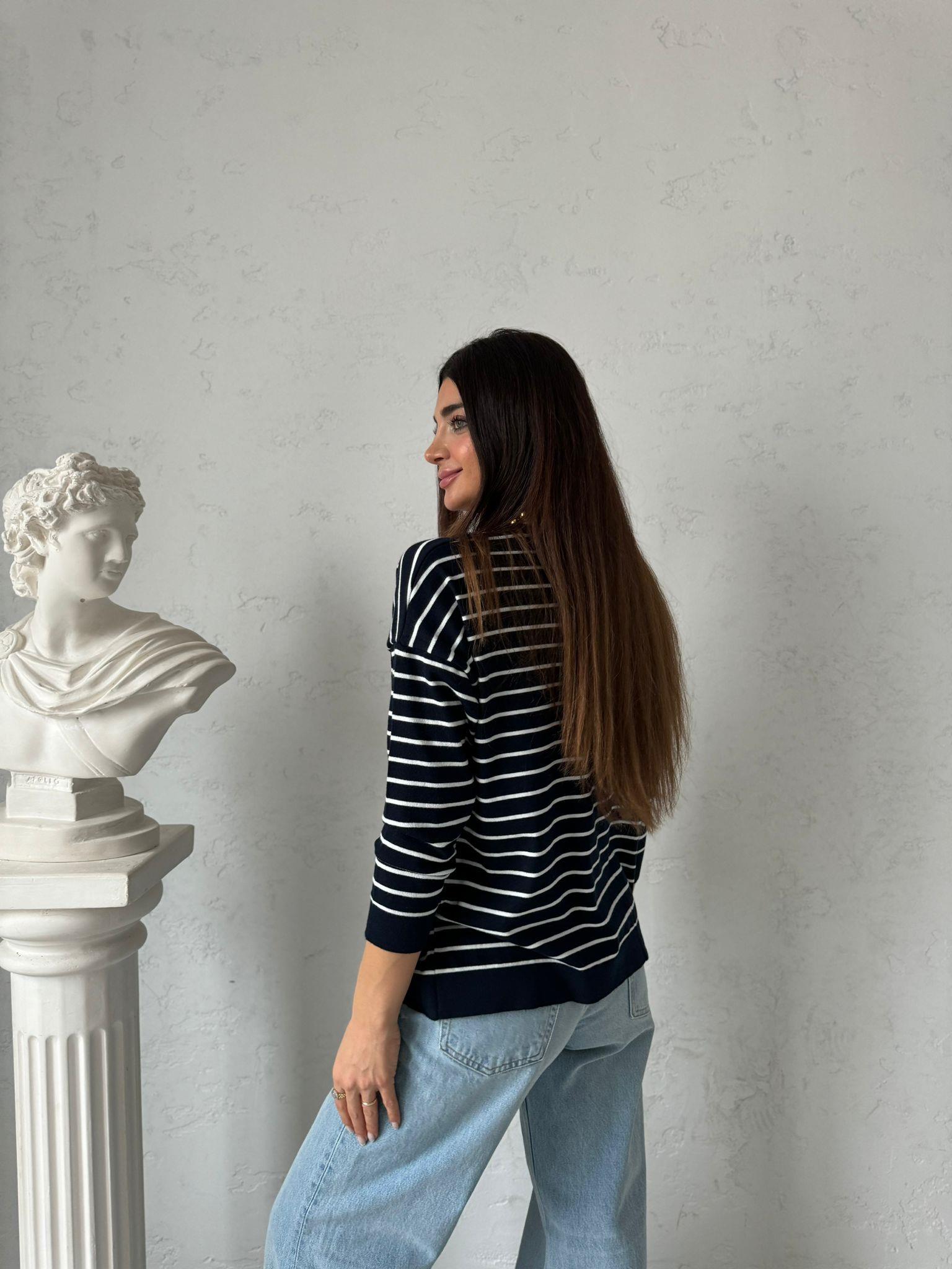 Lacivert Çizgili Oversize Bluz