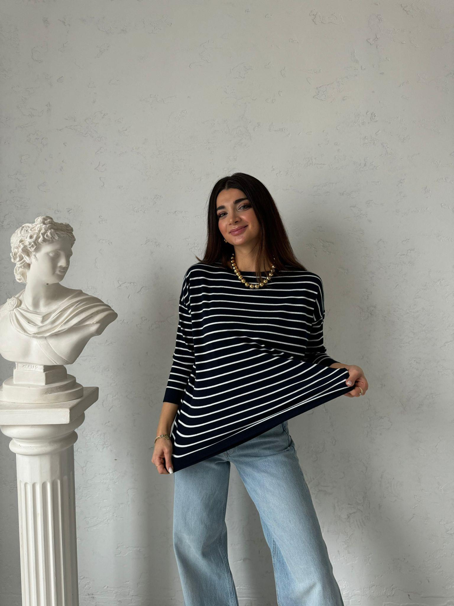 Lacivert Çizgili Oversize Bluz
