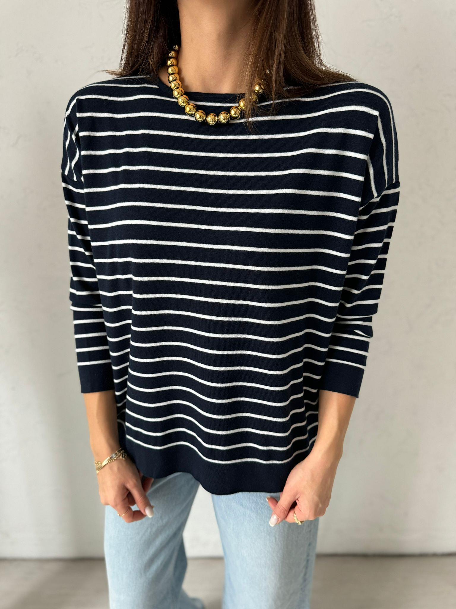 Lacivert Çizgili Oversize Bluz
