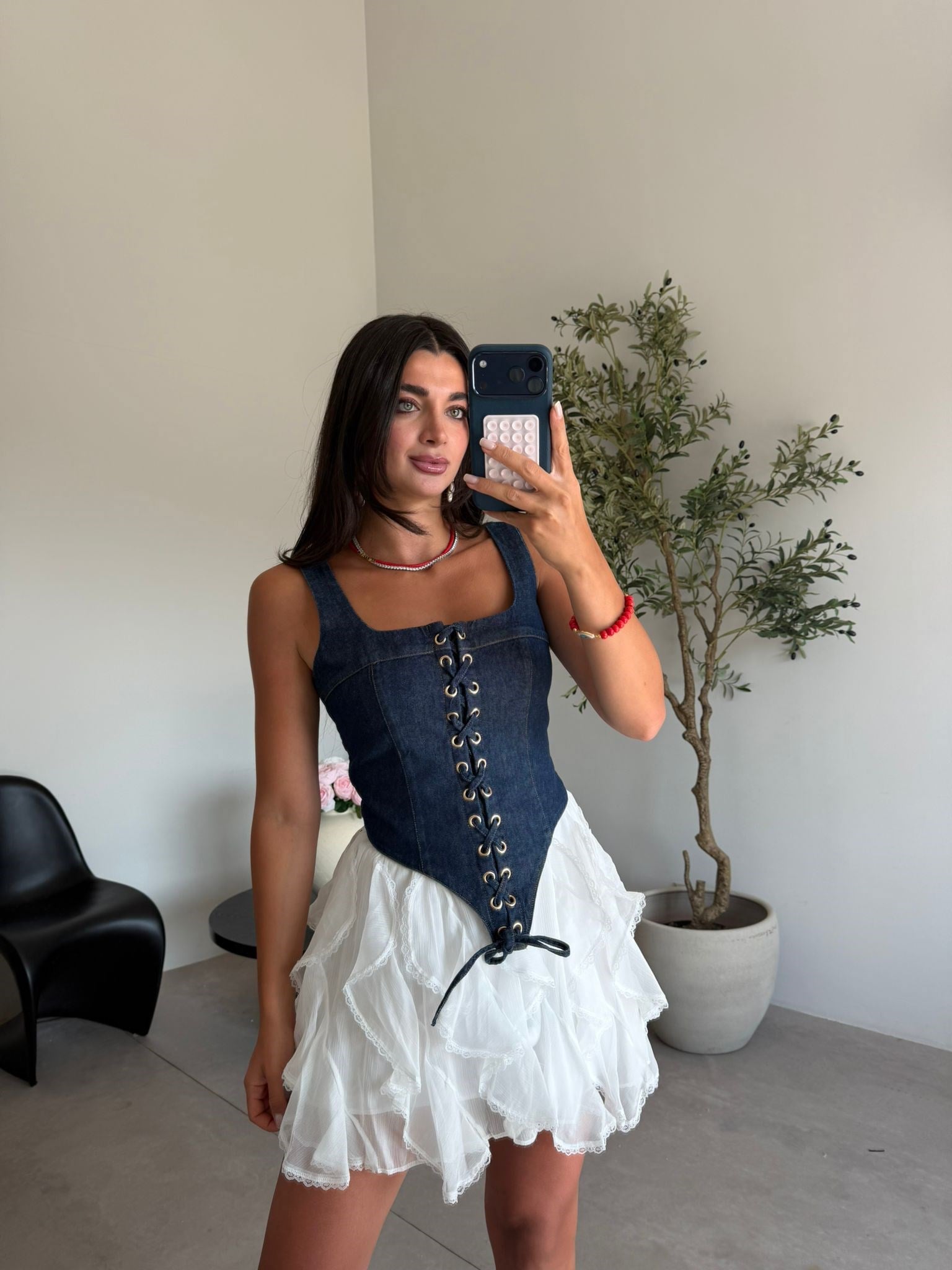 Lacivert Denim Korse Bluz