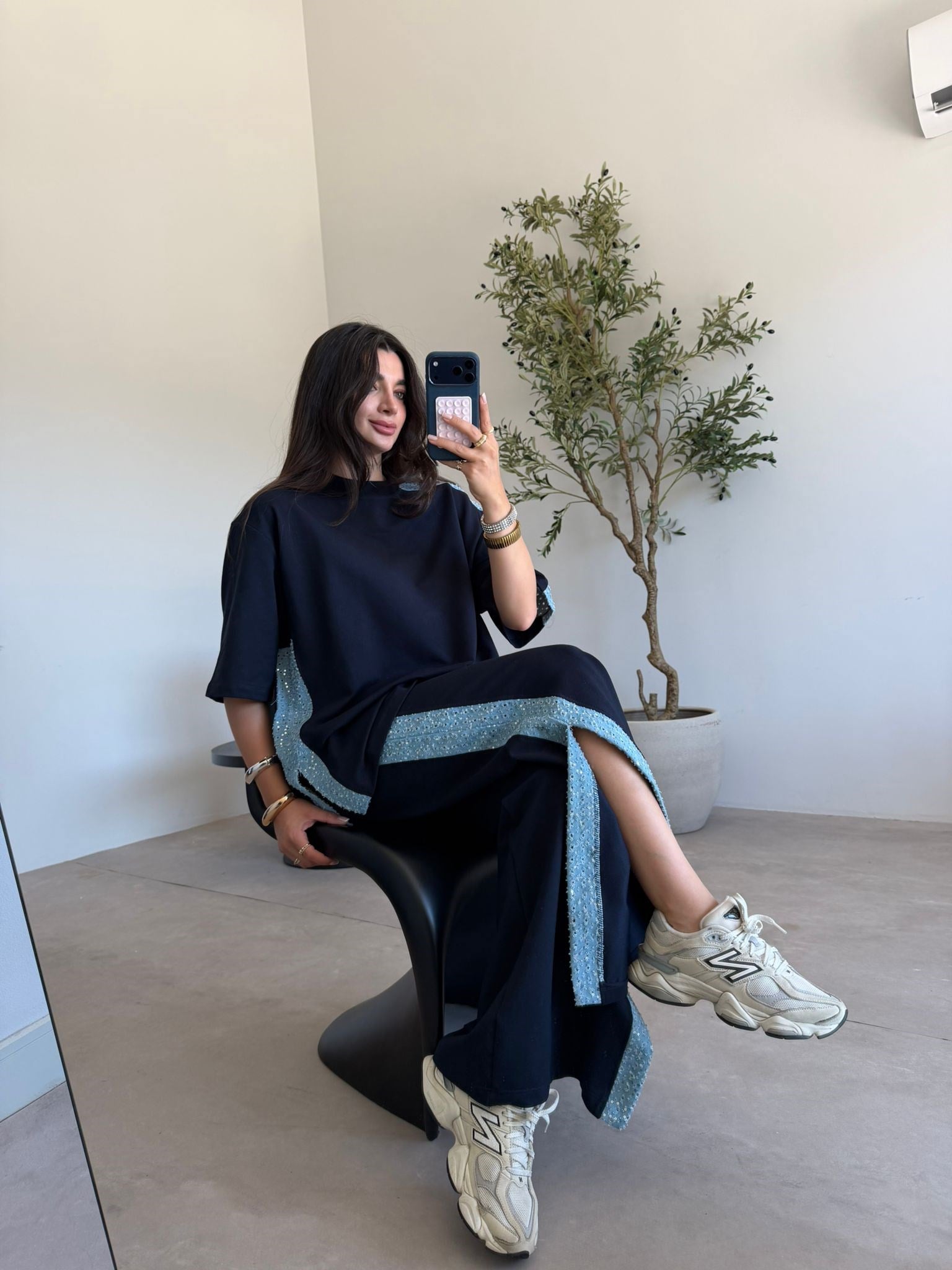 Lacivert Denim Şeritli Takım