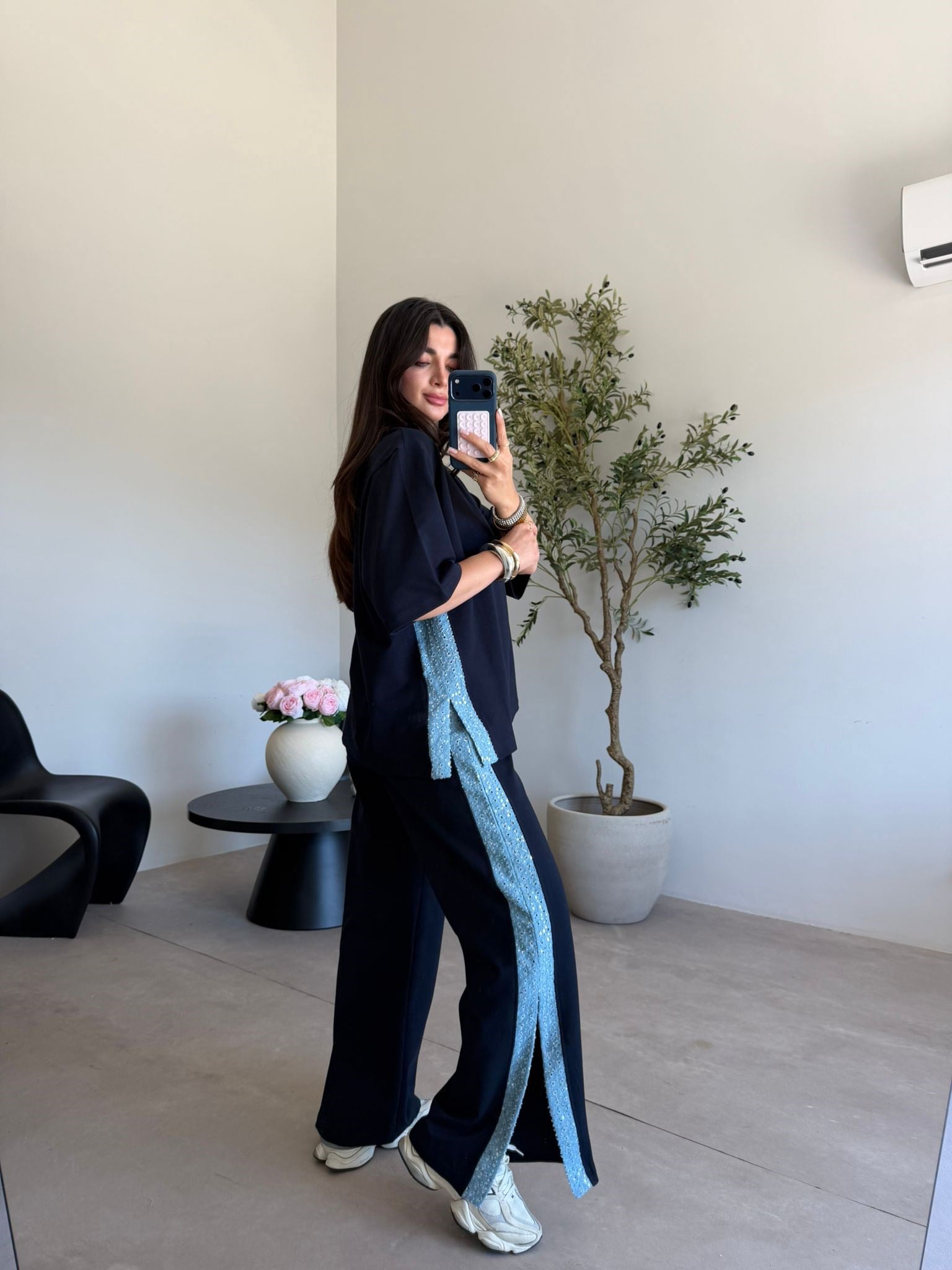 Lacivert Denim Şeritli Takım