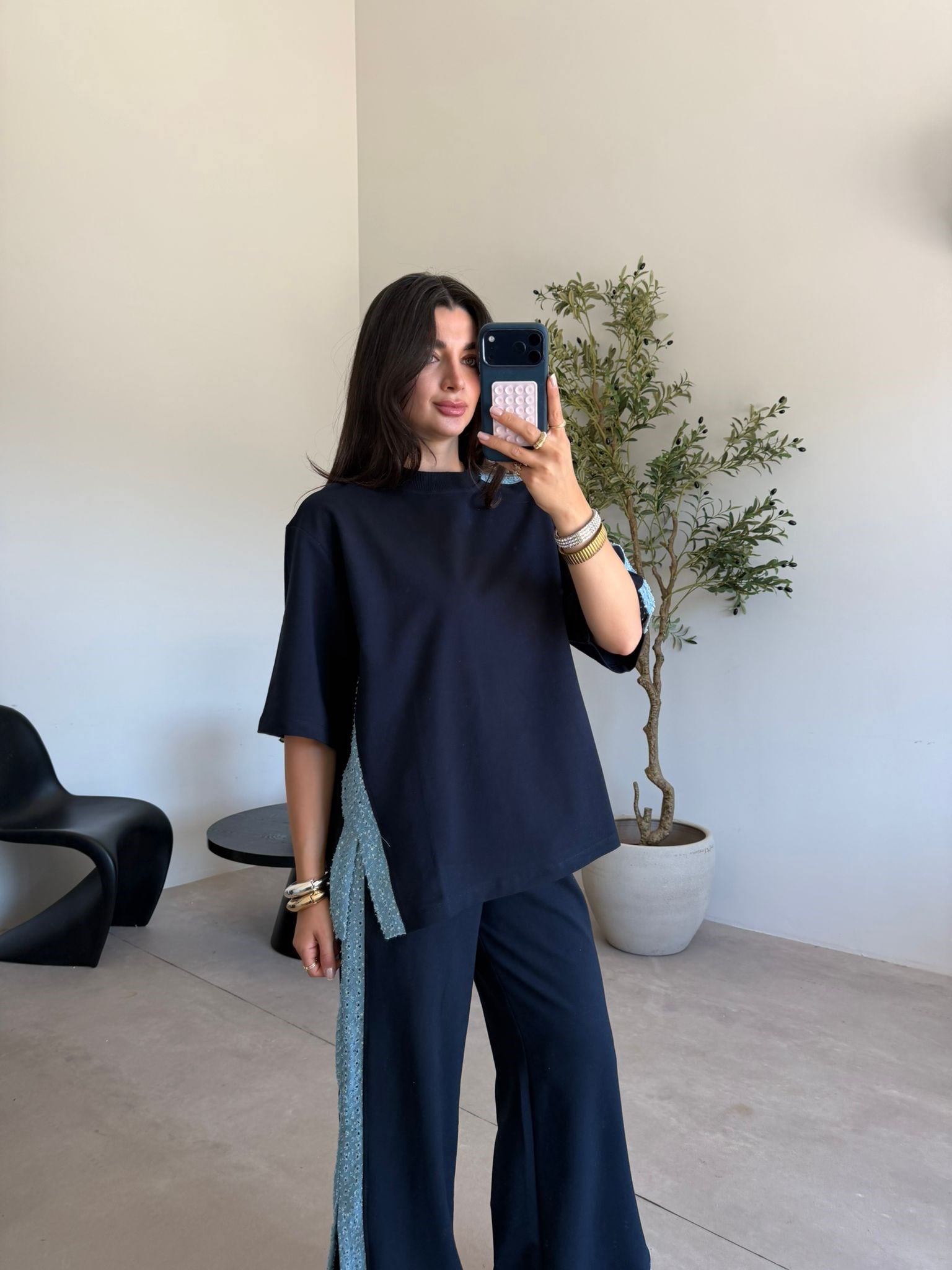 Lacivert Denim Şeritli Takım