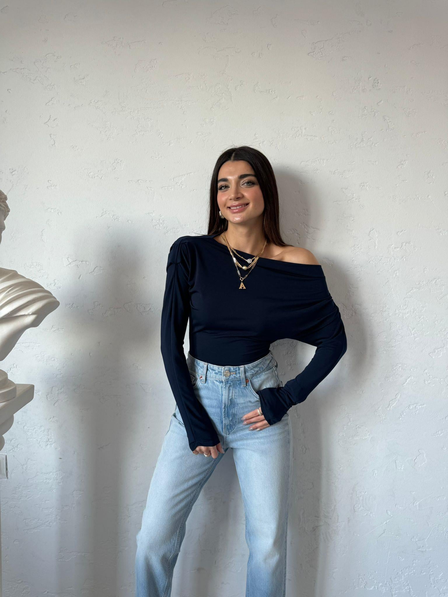 Lacivert Düşük Omuz Yarasa Kol Bluz